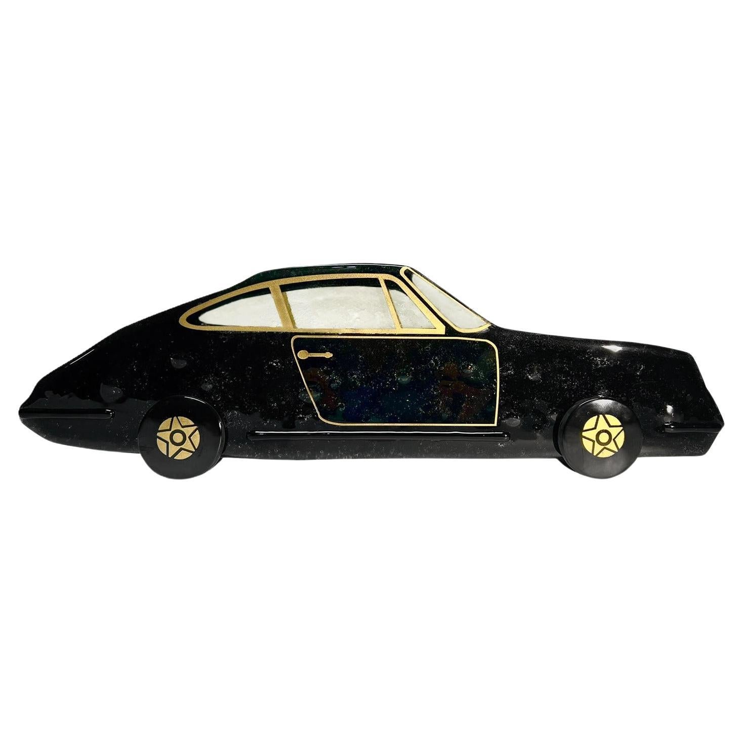 Porsche 911 car sculpture hand made of Murano fusing glass in black For Sale