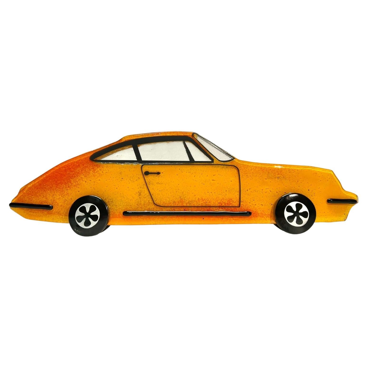 Porsche 911 car sculpture hand made of Murano fusing glass in yellow For Sale