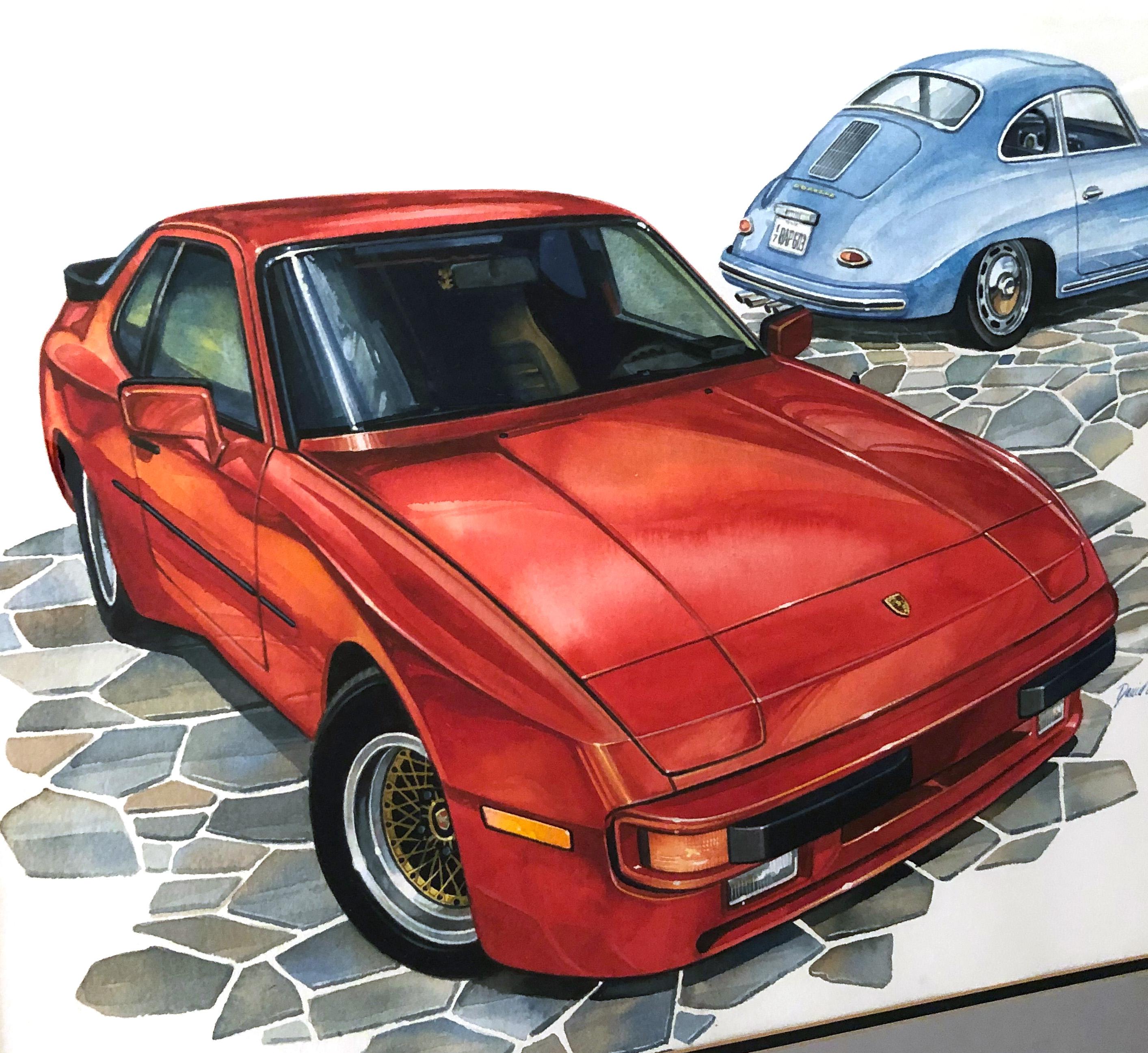 Außergewöhnliches Aquarell auf Papier von zwei Porsche-Automobilen, einem 944 und einem 356, von dem famosen Automobil- und Luftfahrtkünstler David Lord. Signiert und datiert, 1985. 

Abmessungen des Bildes: 16.75