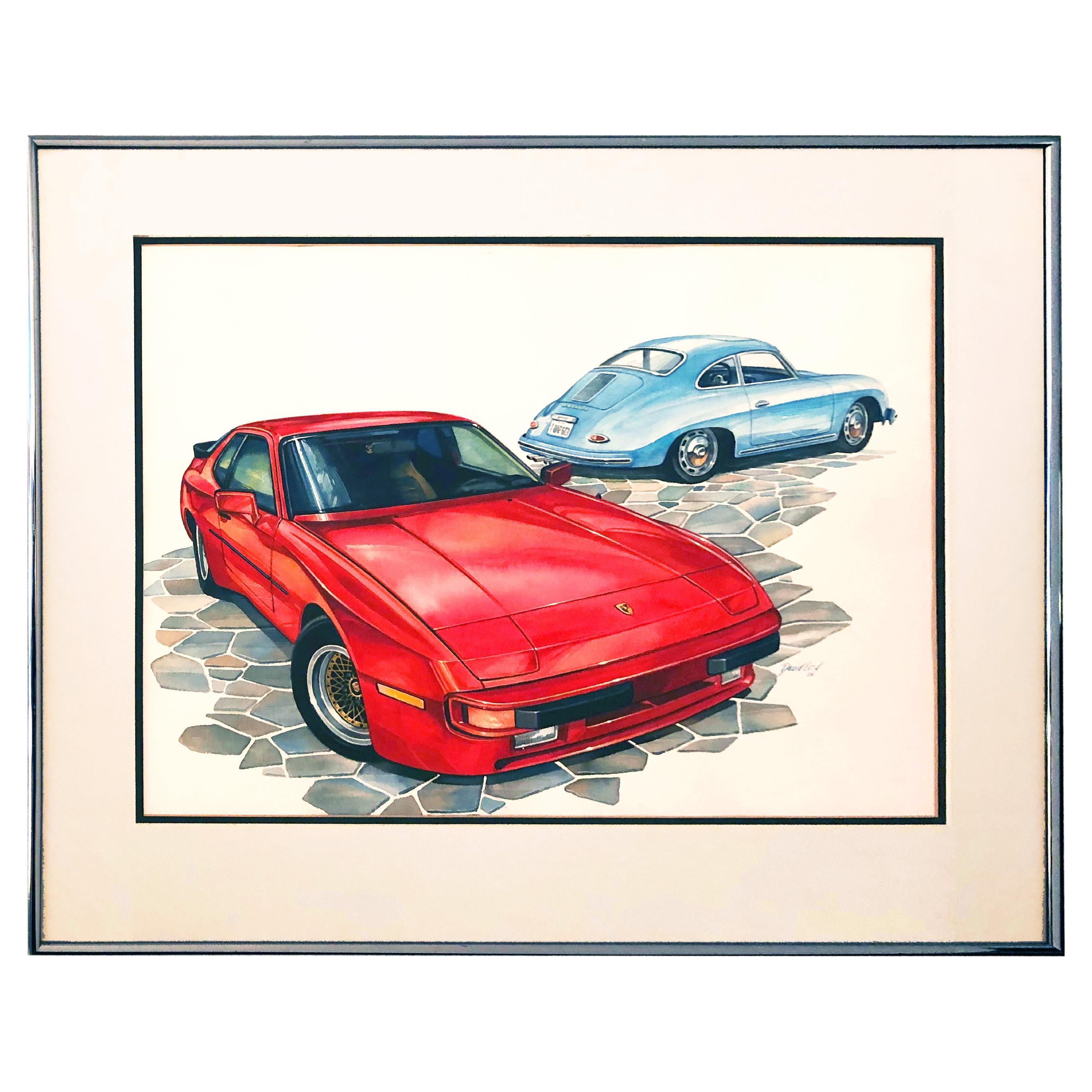 Porsche 944 and 356 Watercolor by David Lord For Sale