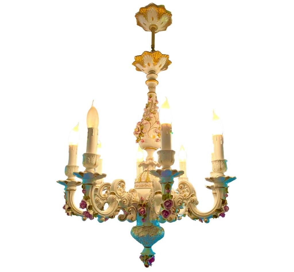 Rococo Revival Porselain Italian Chandelier Hand-Crafted and Painted with floral decoration  For Sale