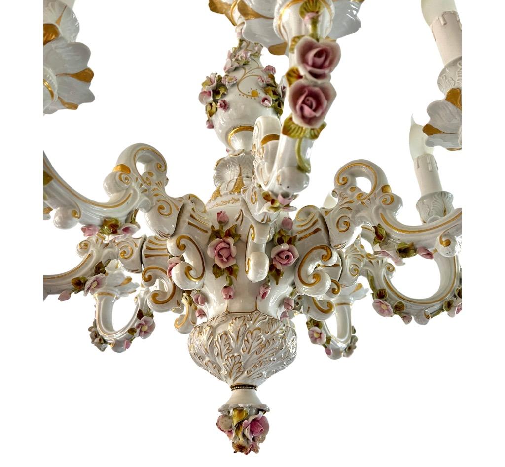 Mid-20th Century Porselain Italian Chandelier Hand-Crafted and Painted with floral decoration  For Sale