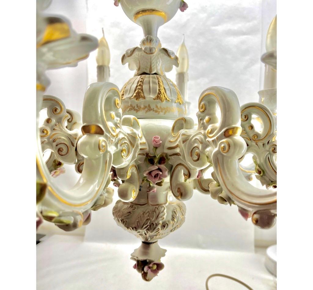 Porcelain Porselain Italian Chandelier Hand-Crafted and Painted with floral decoration  For Sale