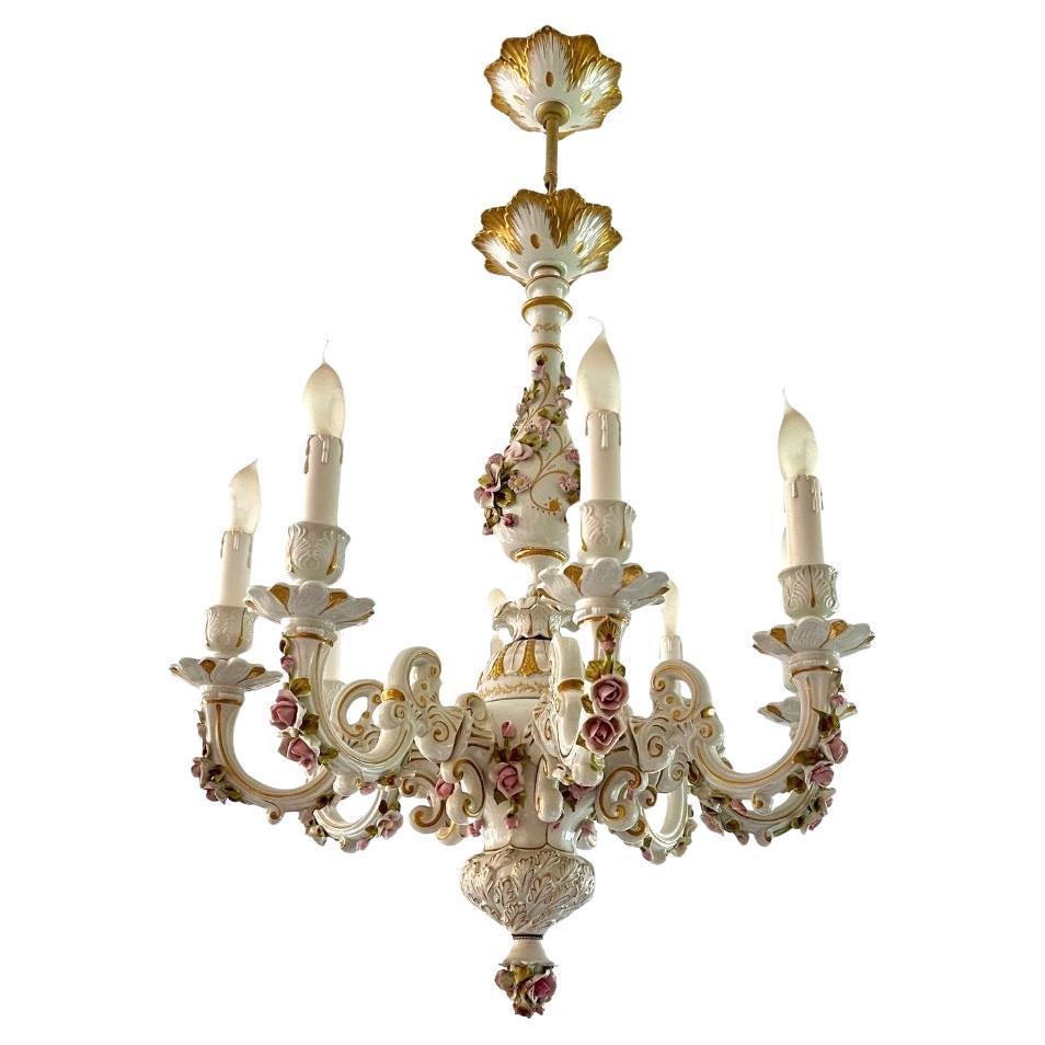Porselain Italian Chandelier Hand-Crafted and Painted with floral decoration  For Sale