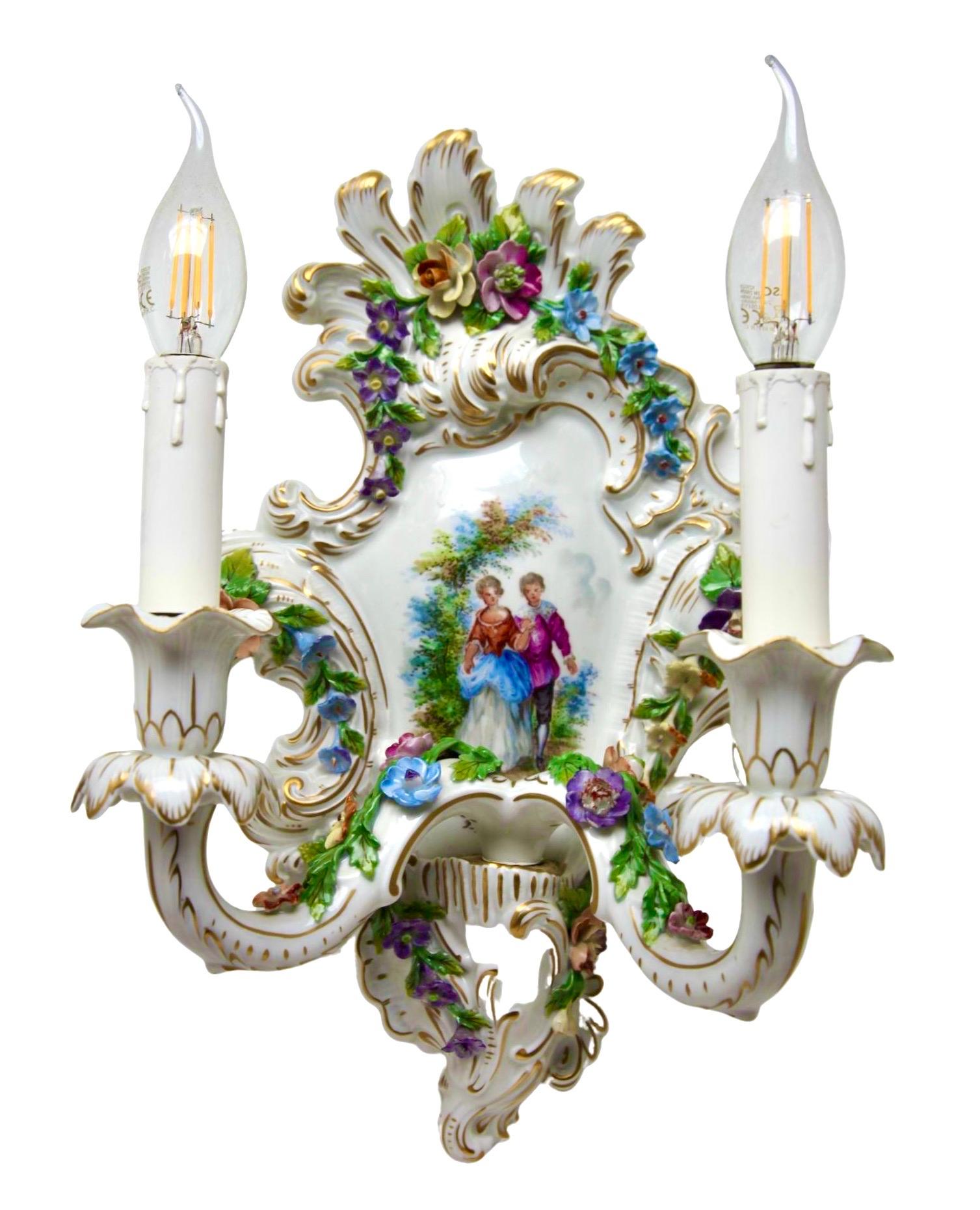 Rococo Revival Porselain Pair Italian Sconces Hand-Crafted and Painted with floral decoration  For Sale