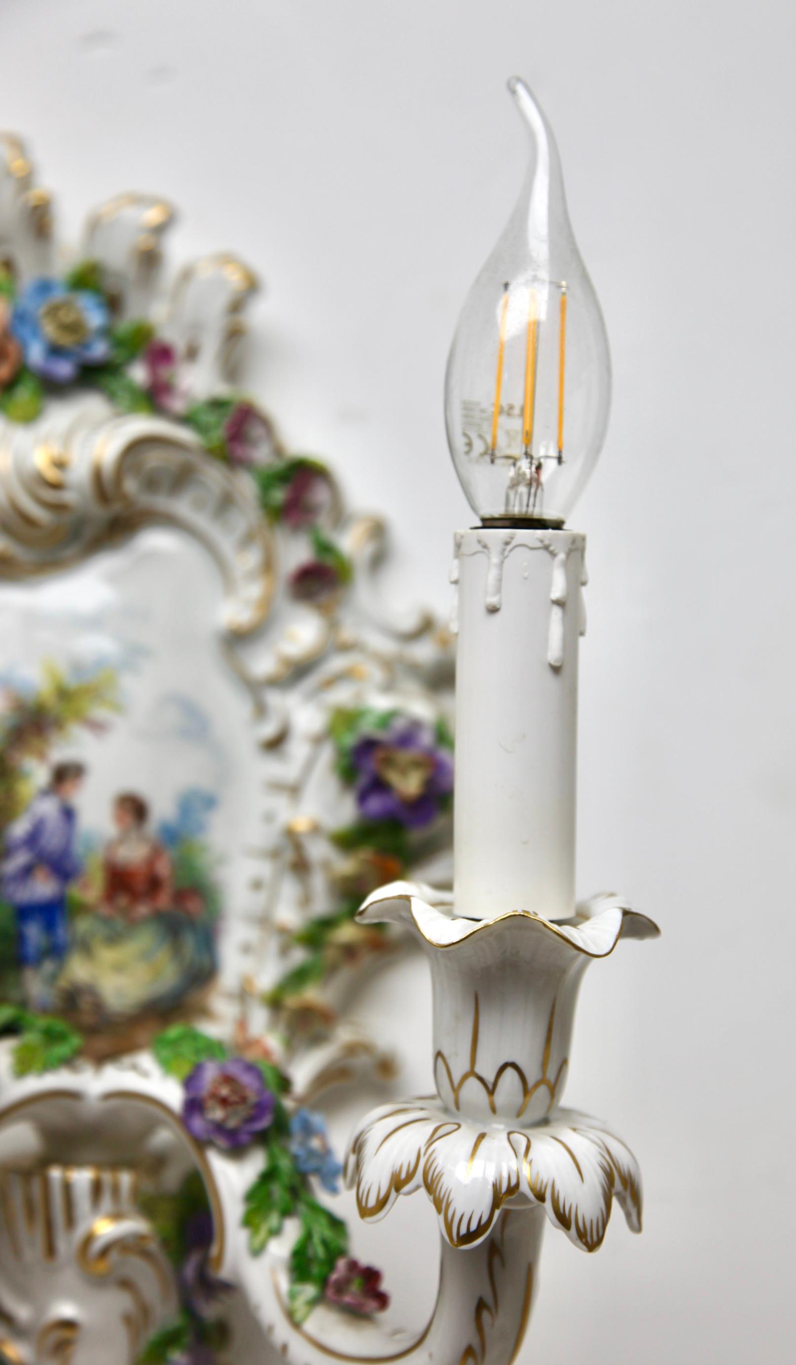Mid-20th Century Porselain Pair Italian Sconces Hand-Crafted and Painted with floral decoration  For Sale
