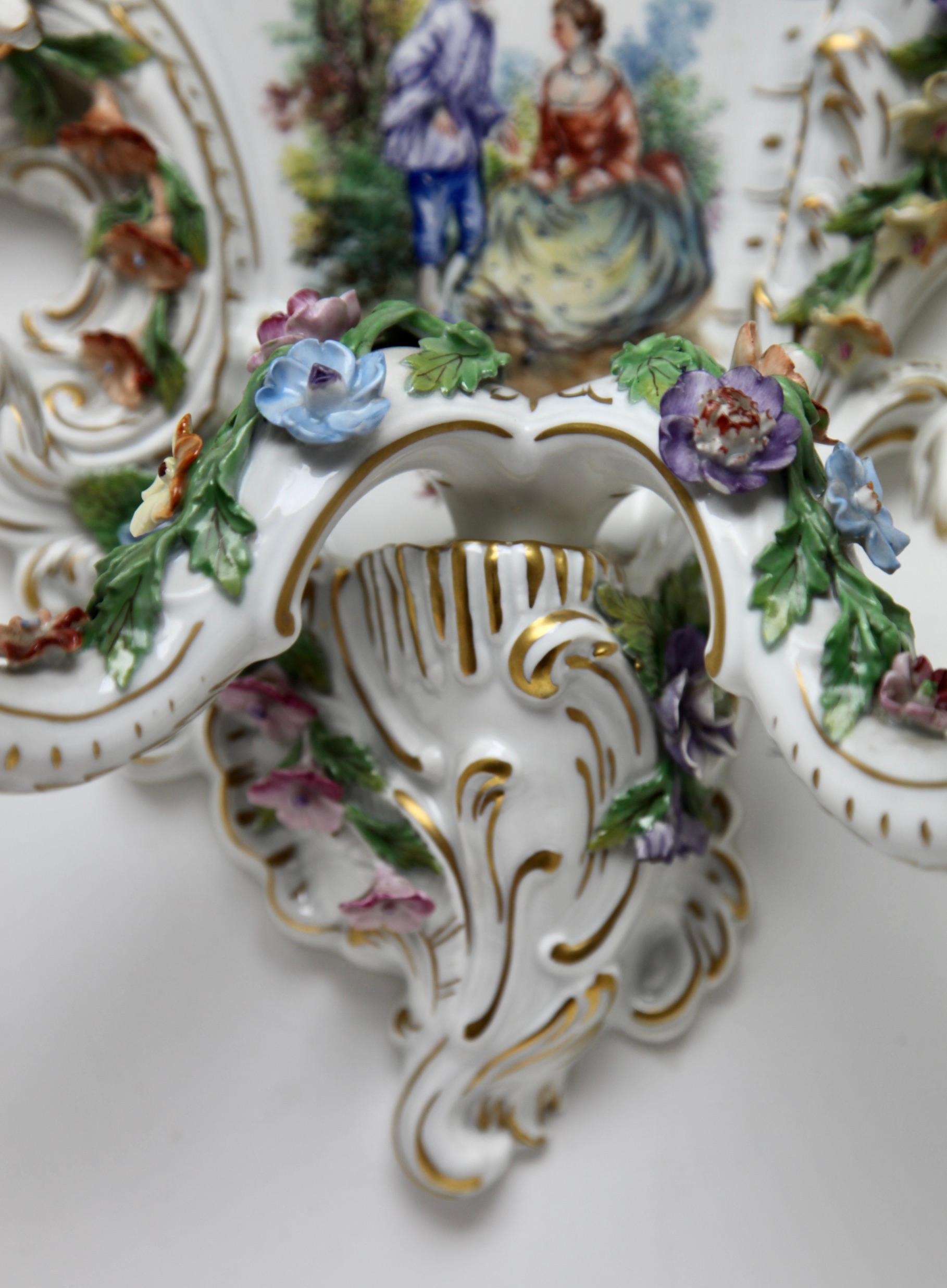 Porselain Pair Italian Sconces Hand-Crafted and Painted with floral decoration  For Sale 2