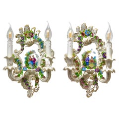 Vintage Porselain Pair Italian Sconces Hand-Crafted and Painted with floral decoration 