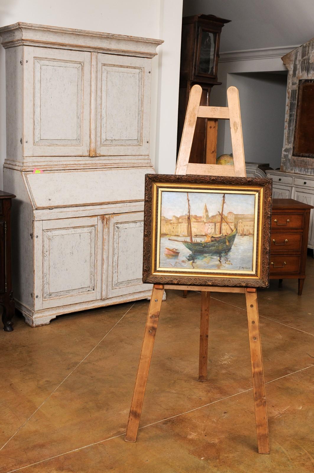 Port de Marseilles, Oil on Isorel Panel Seascape Painting Signed Georges Muller For Sale 2