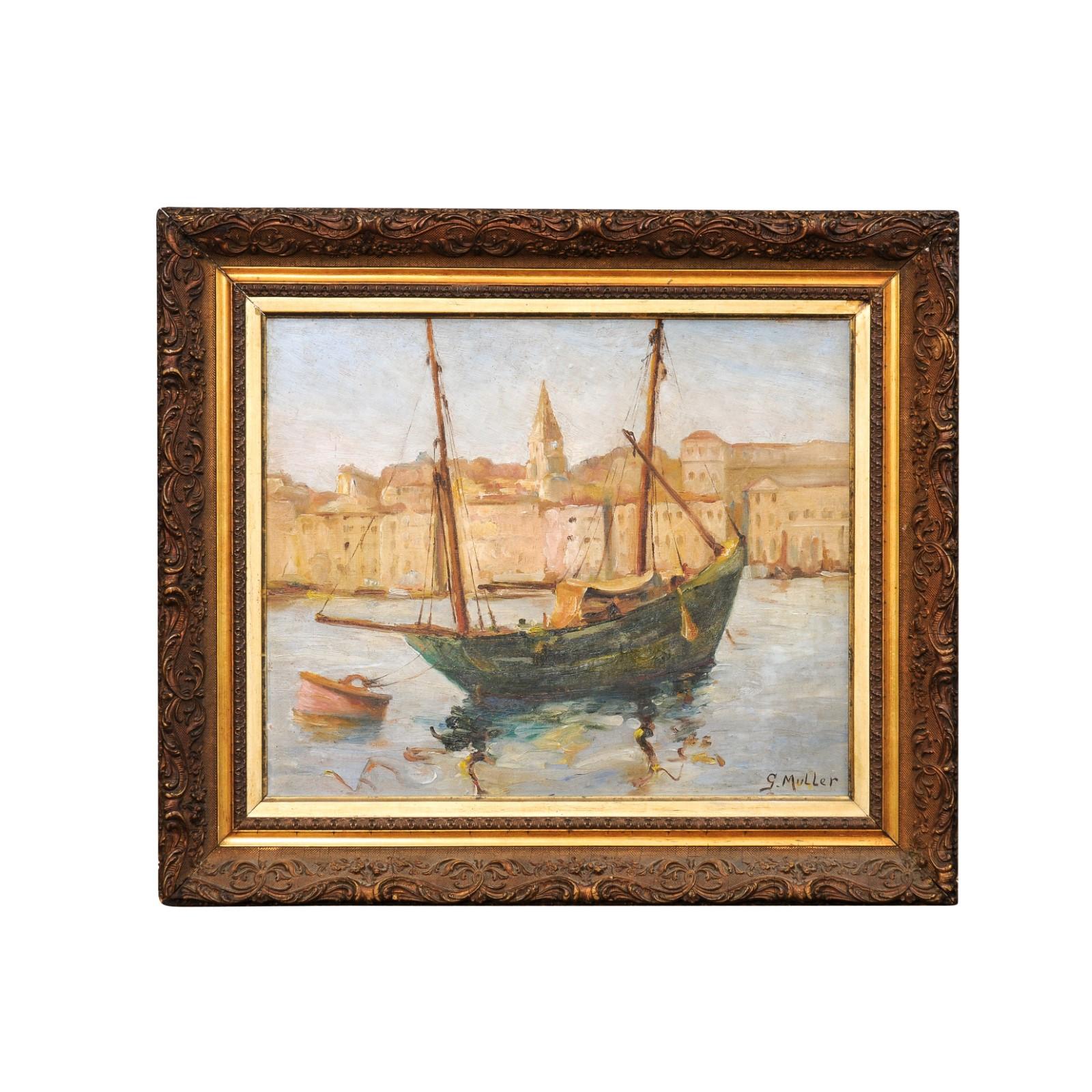 Port de Marseilles, Oil on Isorel Panel Seascape Painting Signed Georges Muller For Sale 4