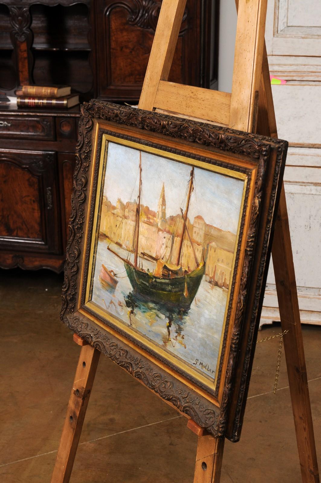 Port de Marseilles, Oil on Isorel Panel Seascape Painting Signed Georges Muller For Sale 5