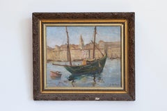 Port de Marseilles, Oil on Isorel Panel Seascape Painting Signed Georges Muller