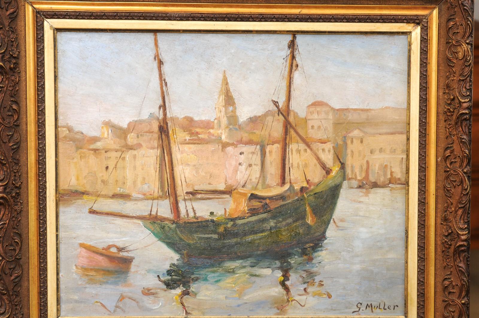 Port de Marseilles, Öl auf Isorel-Tafel, Meereslandschaft, Gemälde, signiert Georges Muller (Französisch) im Angebot