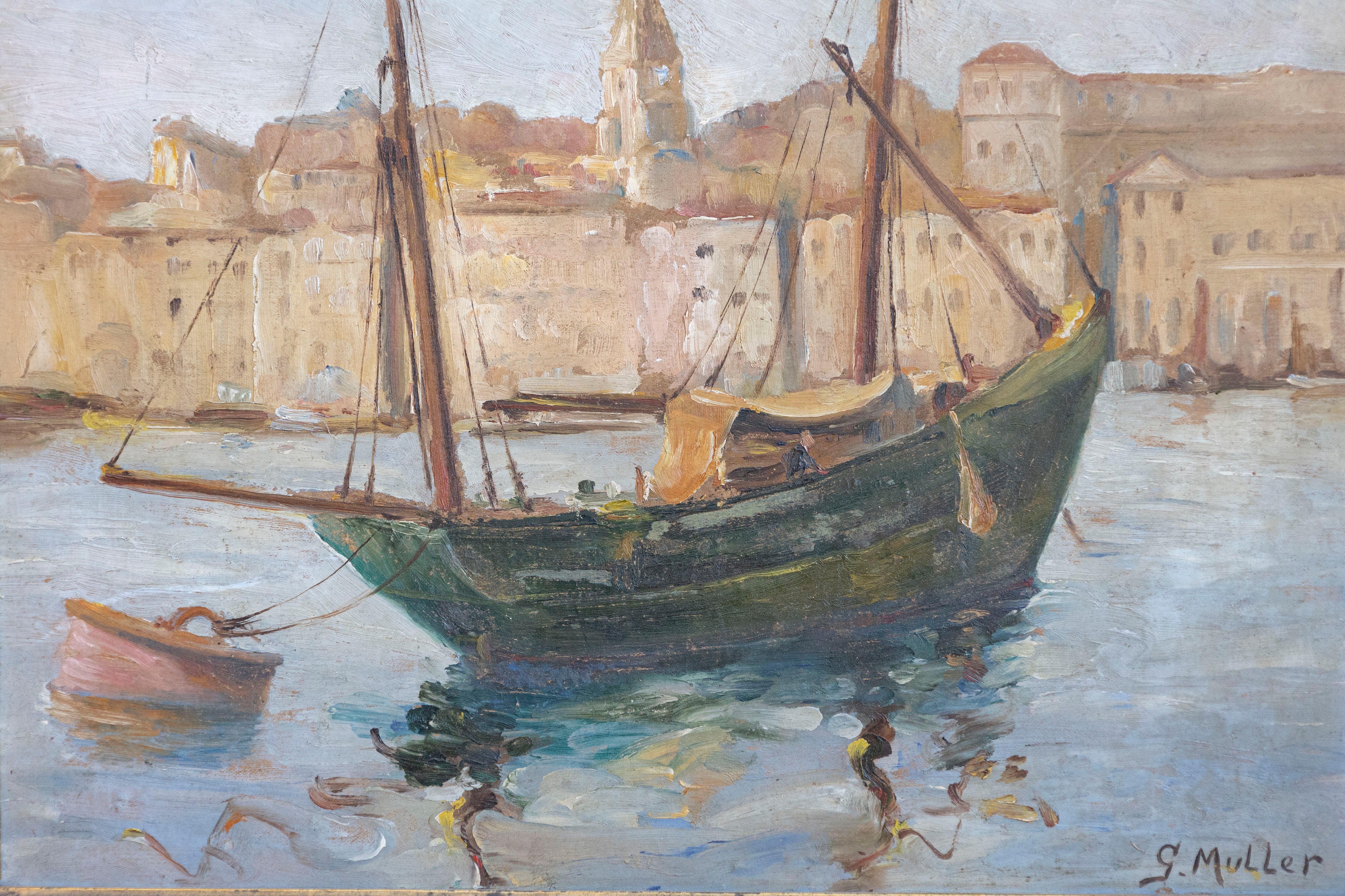 Francese Port de Marseilles, olio su pannello Isorel, pittura di paesaggio marino firmata Georges Muller in vendita