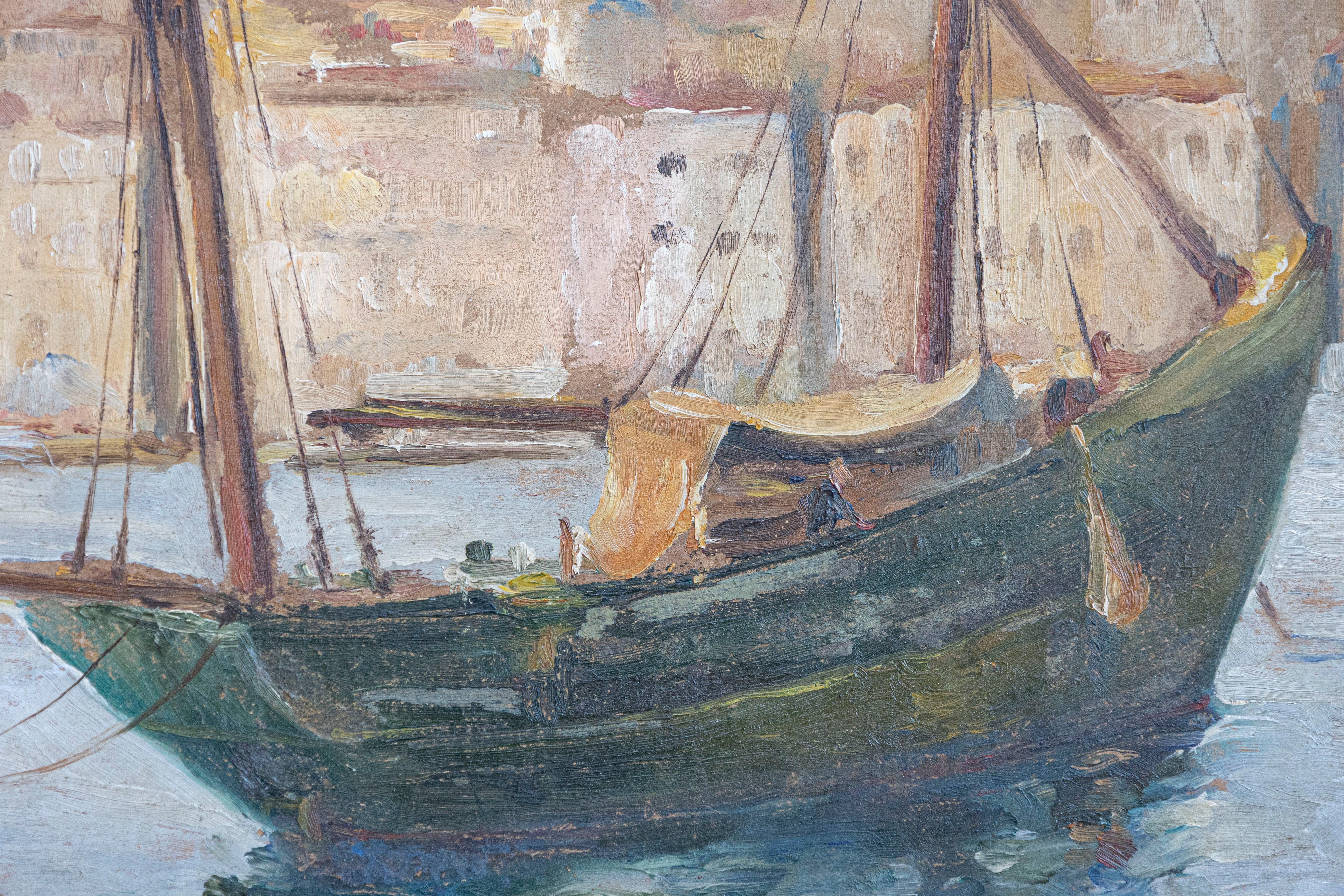 XX secolo Port de Marseilles, olio su pannello Isorel, pittura di paesaggio marino firmata Georges Muller in vendita
