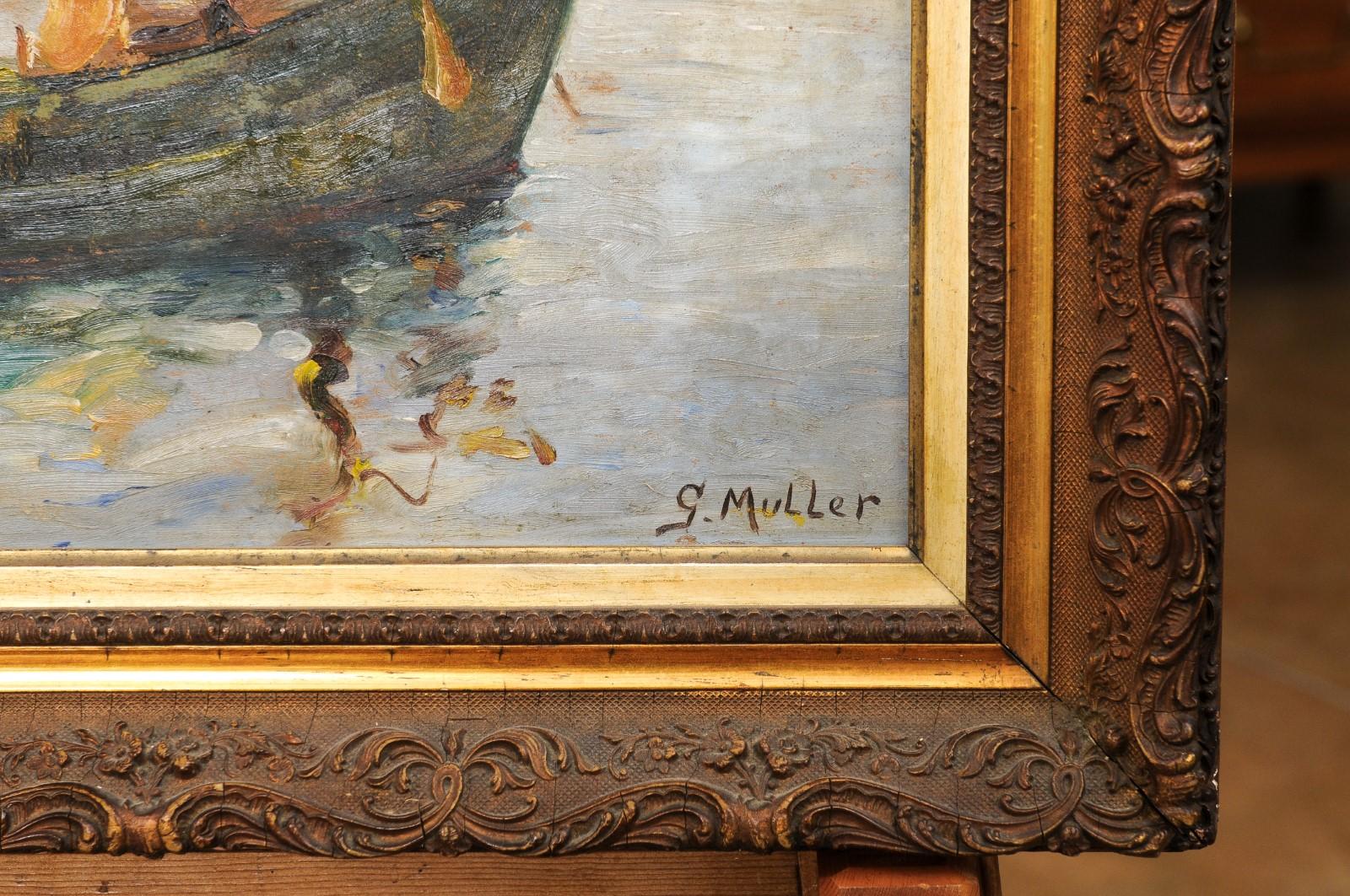 Port de Marseilles, Öl auf Isorel-Tafel, Meereslandschaft, Gemälde, signiert Georges Muller (Stuck) im Angebot