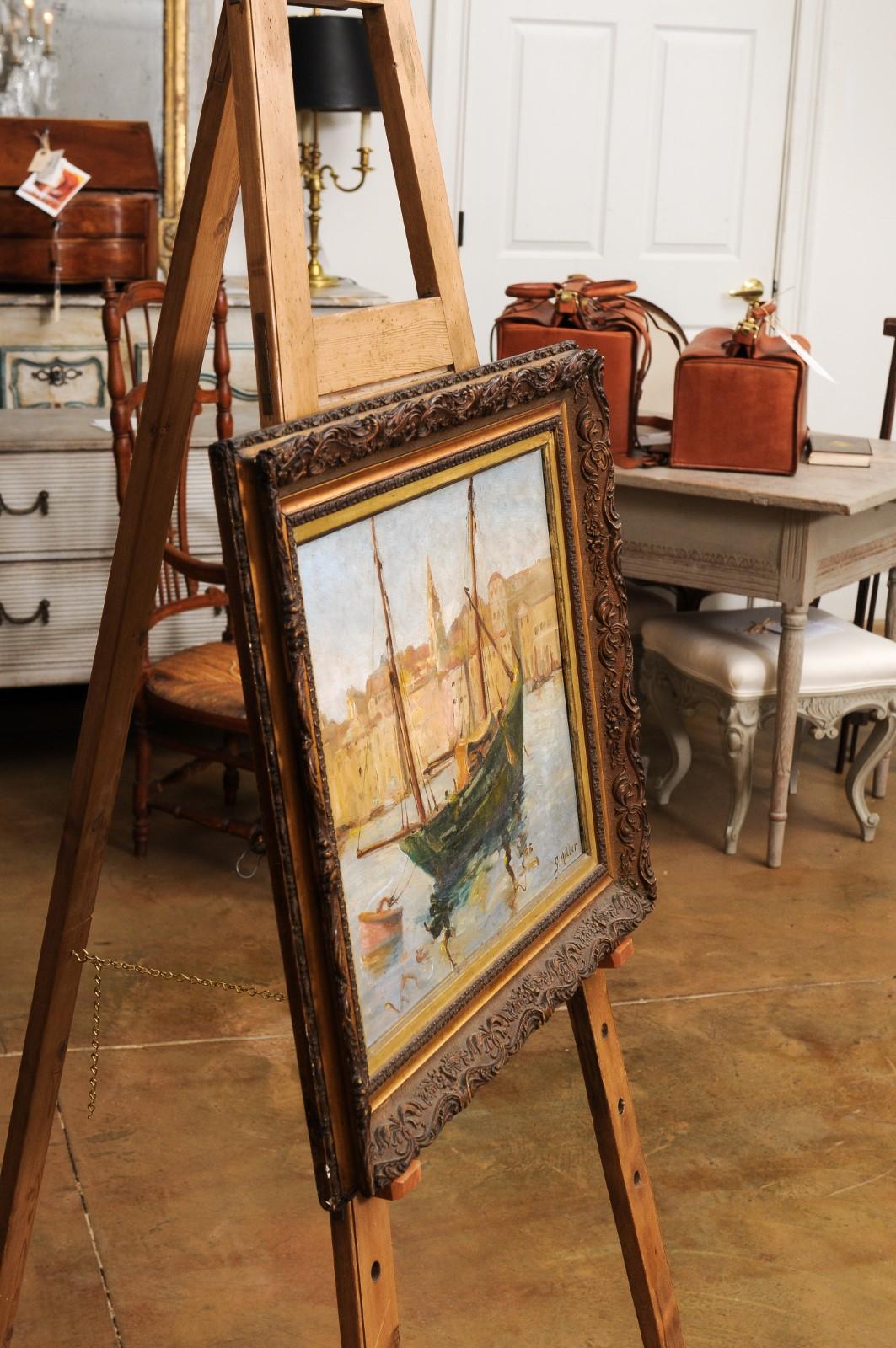 Port de Marseilles, Öl auf Isorel-Tafel, Meereslandschaft, Gemälde, signiert Georges Muller im Angebot 2