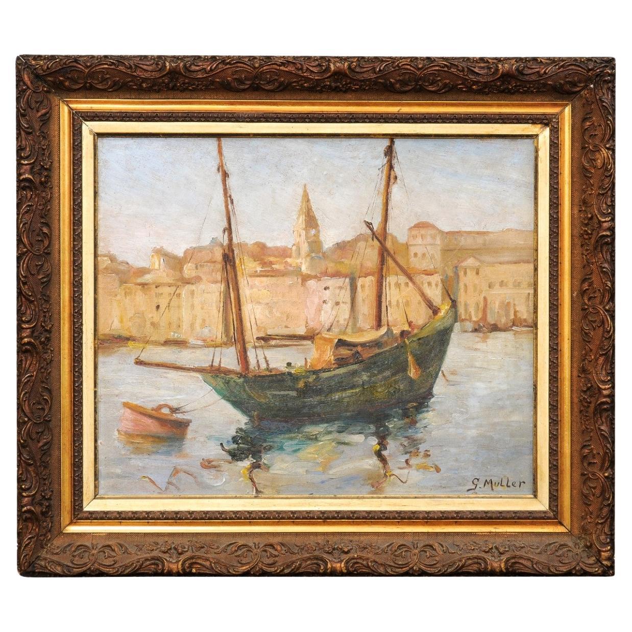 Port de Marseilles, peinture à l'huile sur panneau isorel de paysage marin signée Georges Muller