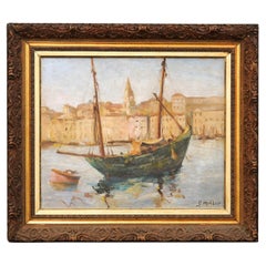 Port de Marseilles, Oil on Isorel Panel Seascape Painting Signed Georges Muller