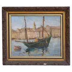 Port de Marseilles, Oil on Isorel Panel Seascape Painting Signed Georges Muller