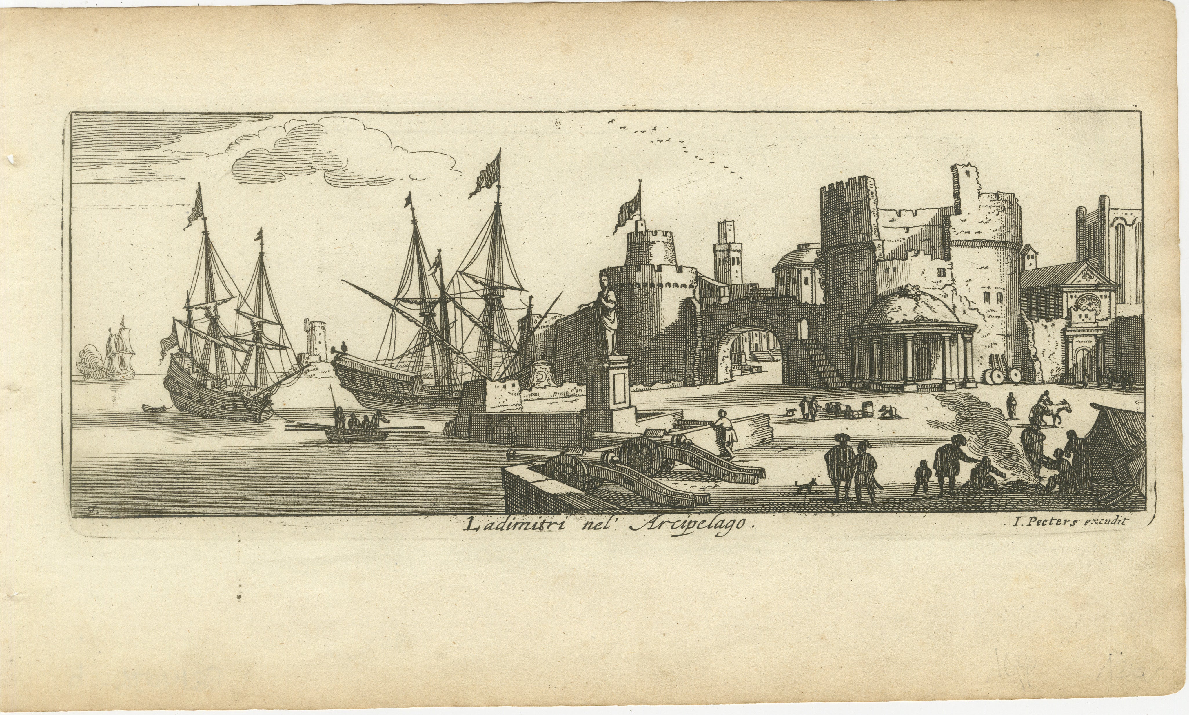 Title: Port Scene at Ladimiti in the Aegean Archipelago with Fortifications, ca. 1680  

Description: This copperplate engraving depicts a bustling port scene at Ladimiti (likely Lemnos) in the Aegean Archipelago. The composition features docked