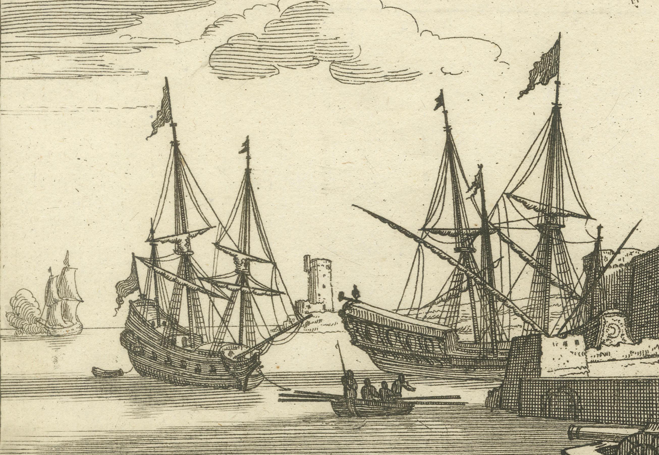Engraved Port Scene at Ladimiti in the Aegean Archipelago with Fortifications, ca. 1680 For Sale