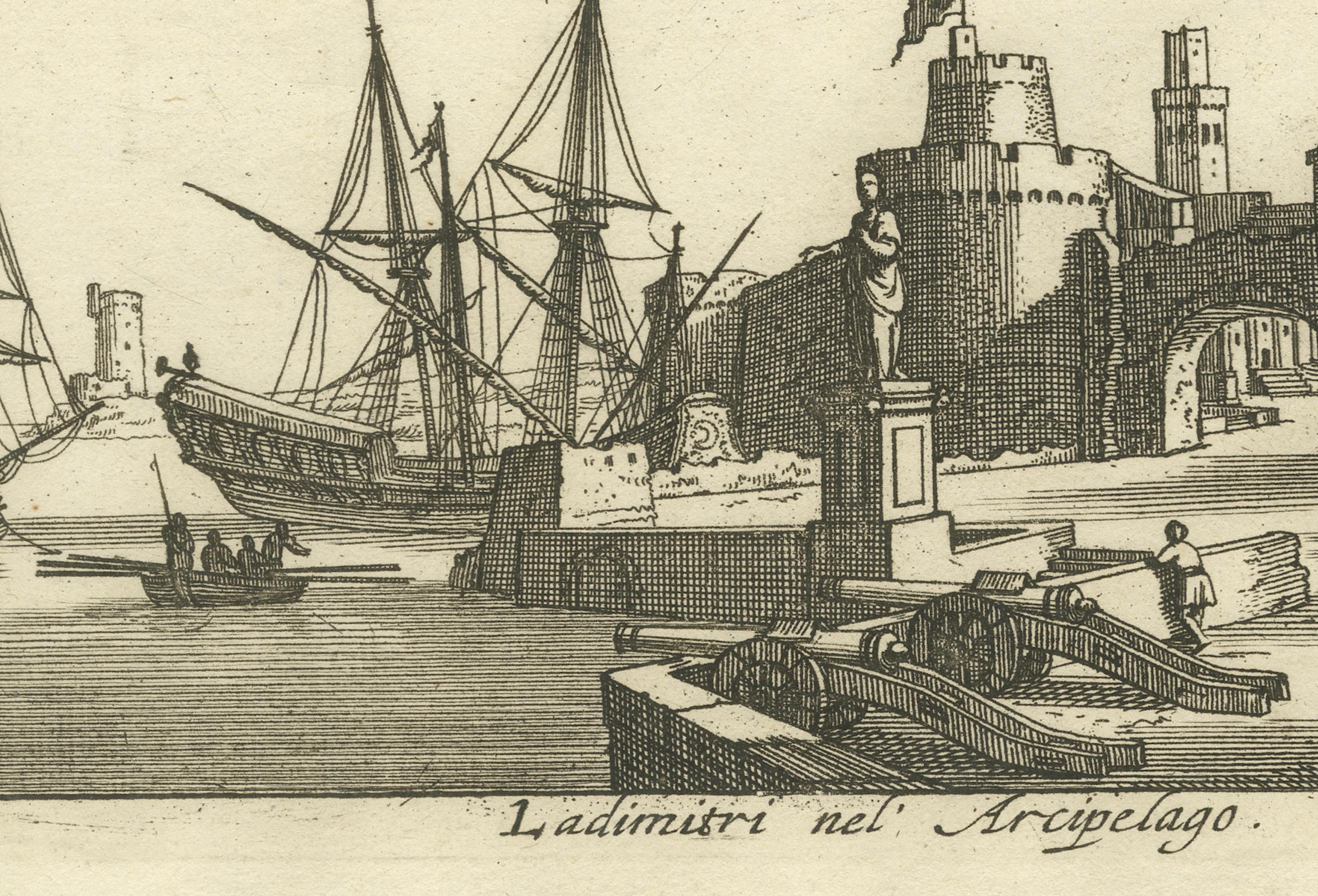 Late 17th Century Port Scene at Ladimiti in the Aegean Archipelago with Fortifications, ca. 1680 For Sale