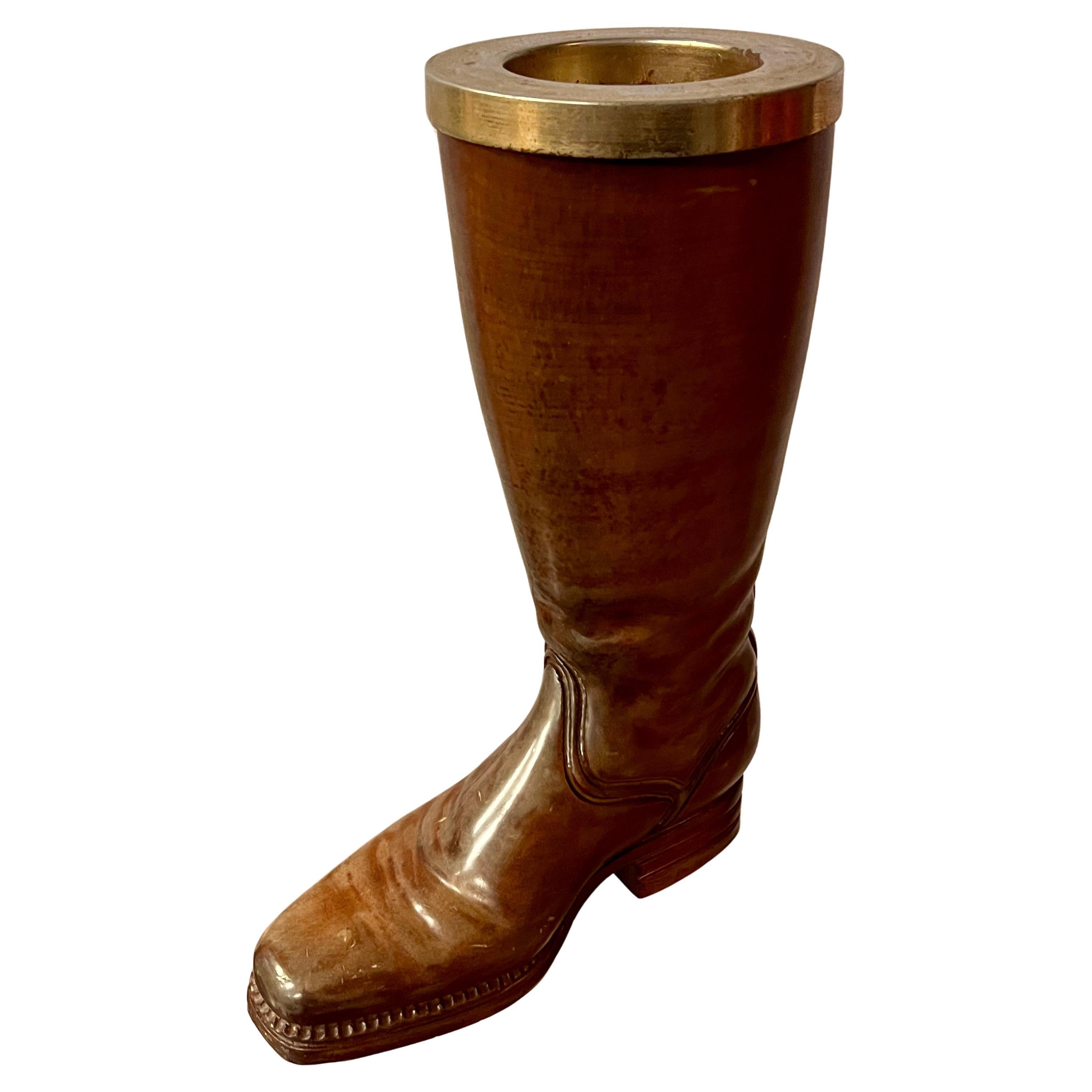 Solid Wood and Brass Bootstick Holder - Italy - 1940s