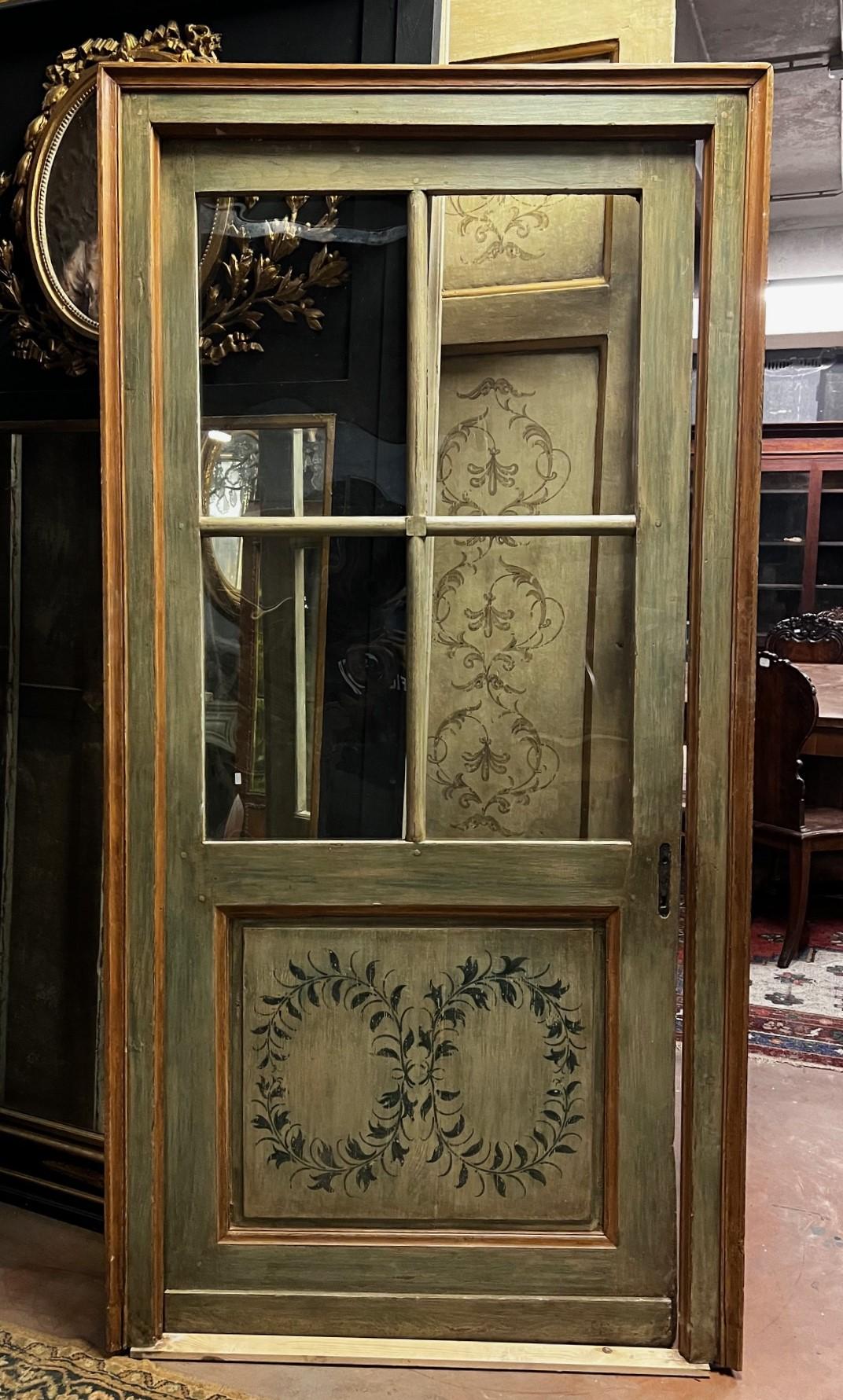 Italian Porte intérieure en verre en bois laqué et peint, complète avec cadre, Italie en vente
