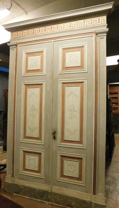 Porta doppia in legno solido, pannelli dipinti con pesci e cornici, italia