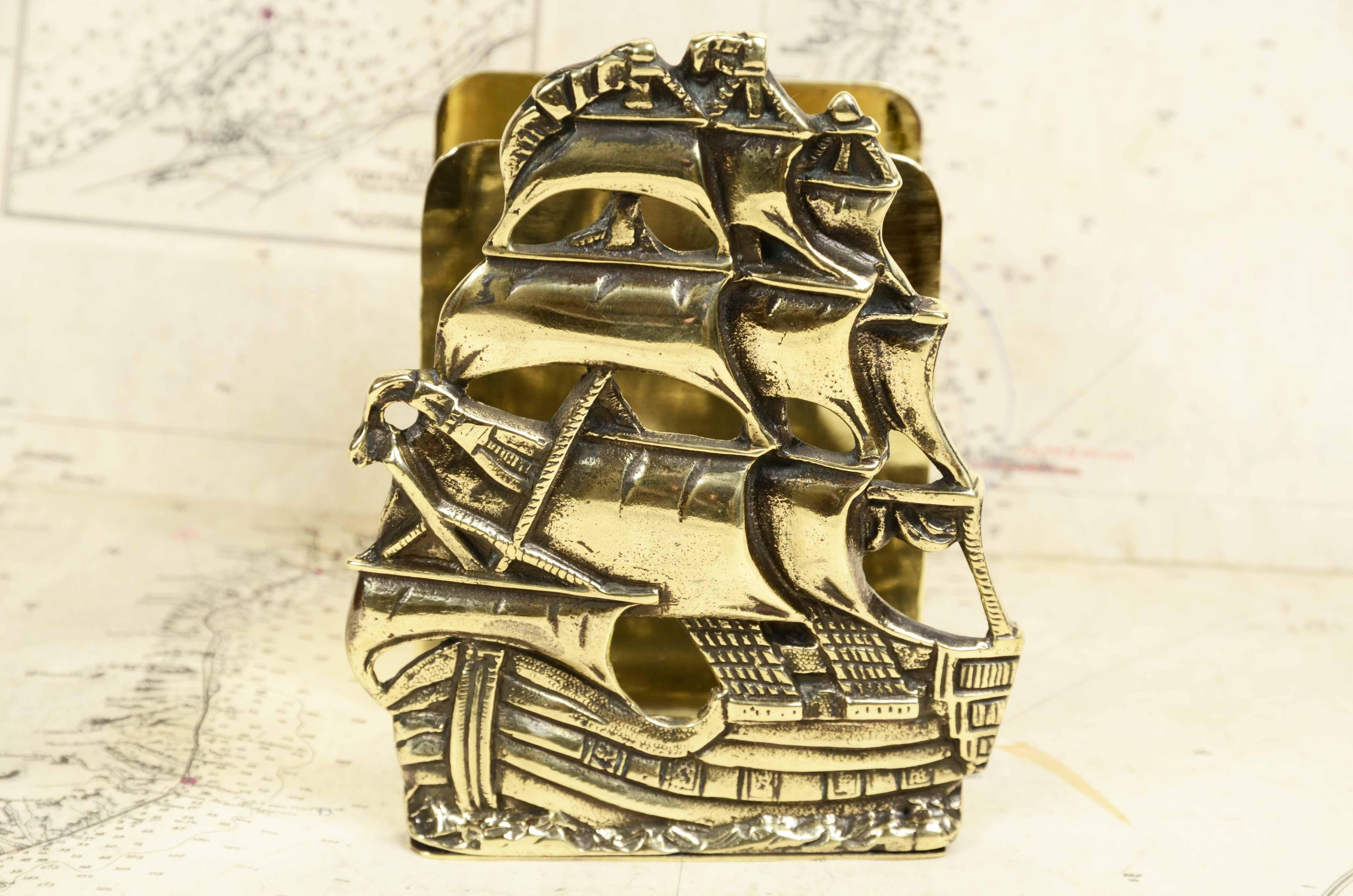 Brass letter holder depicting vessel with sails unfurled England 1900s For Sale 1