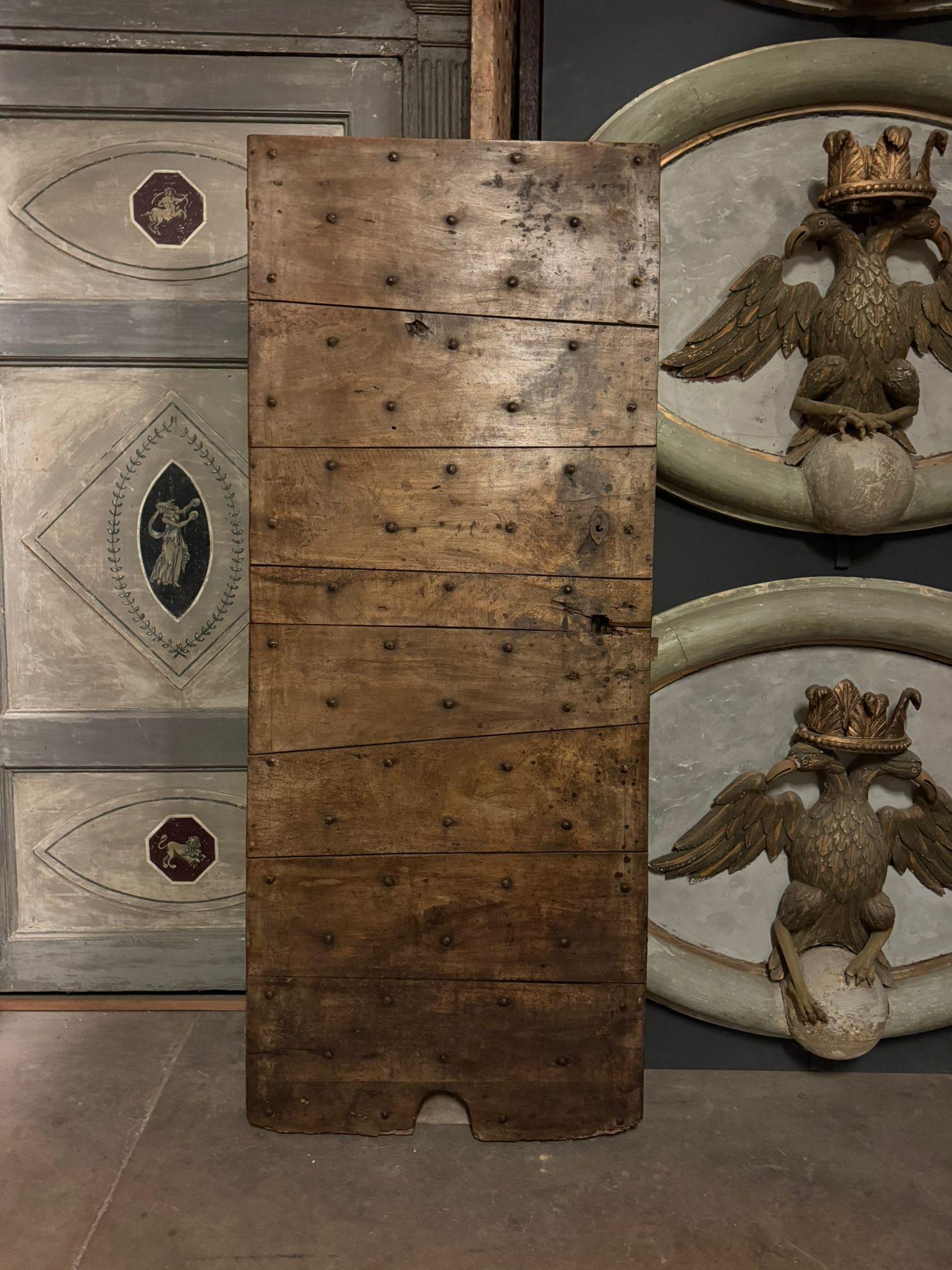 Antique rustic solid walnut wood door, door also suitable as a front door, built from horizontal planks held together by iron studs nails. It has smooth back and iron wall hinges, had no frame, and opens to push left. It preserves fascinating cat