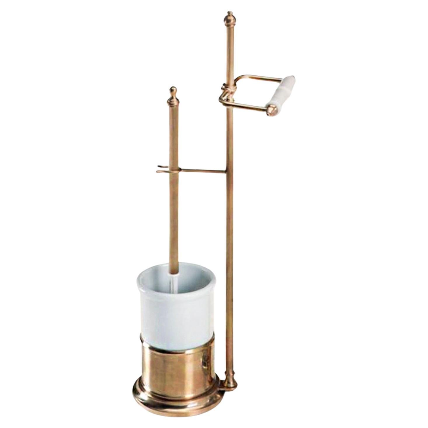 Ceramic and brass toilet brush holder with toilet paper holder For Sale