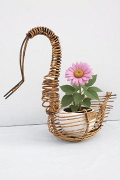 Swan-shaped woven wicker vase holder, 1950s