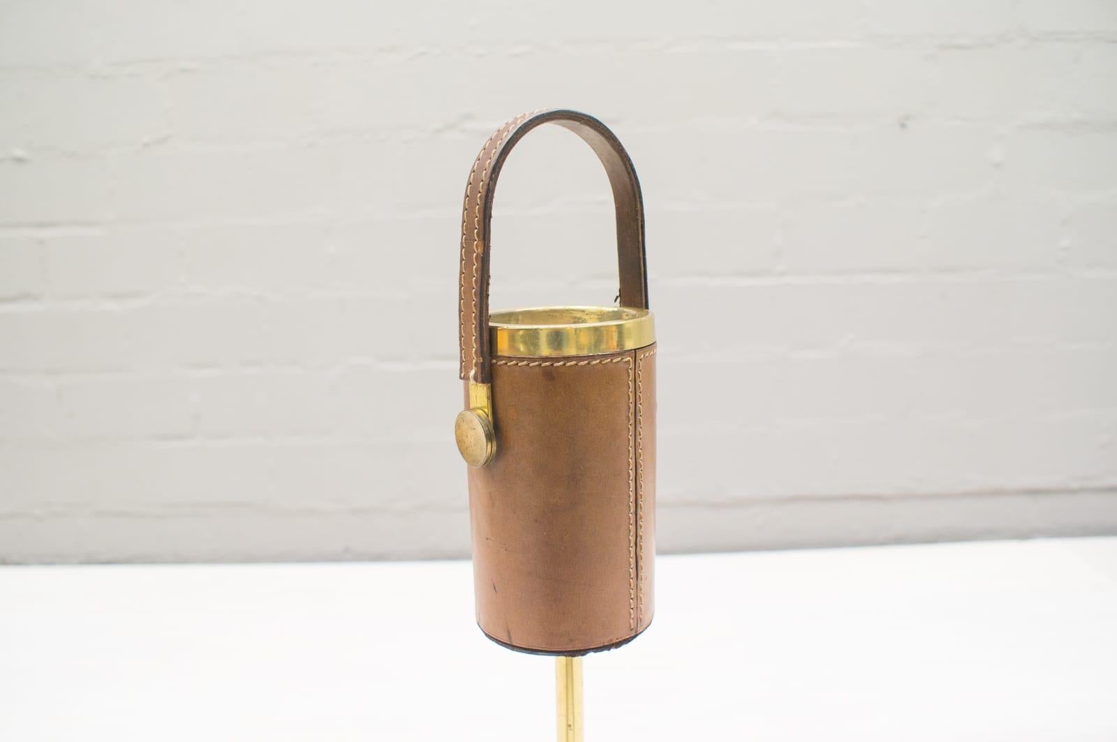 Mid-Century Modern Portable Ashtray Stand in the Manner of Jacques Adnet, Brass and Leather, 1950s