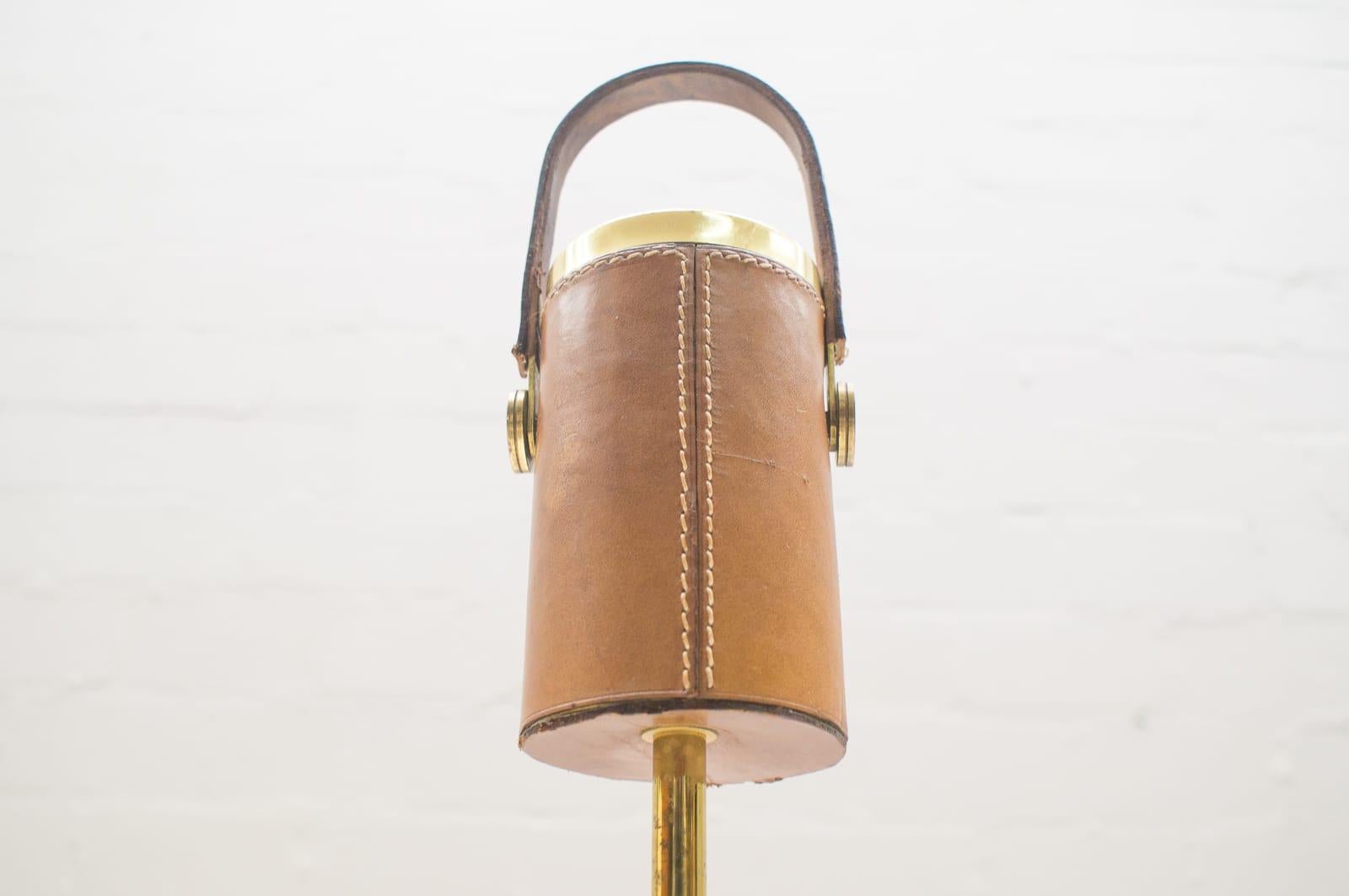 French Portable Ashtray Stand in the Manner of Jacques Adnet, Brass and Leather, 1950s