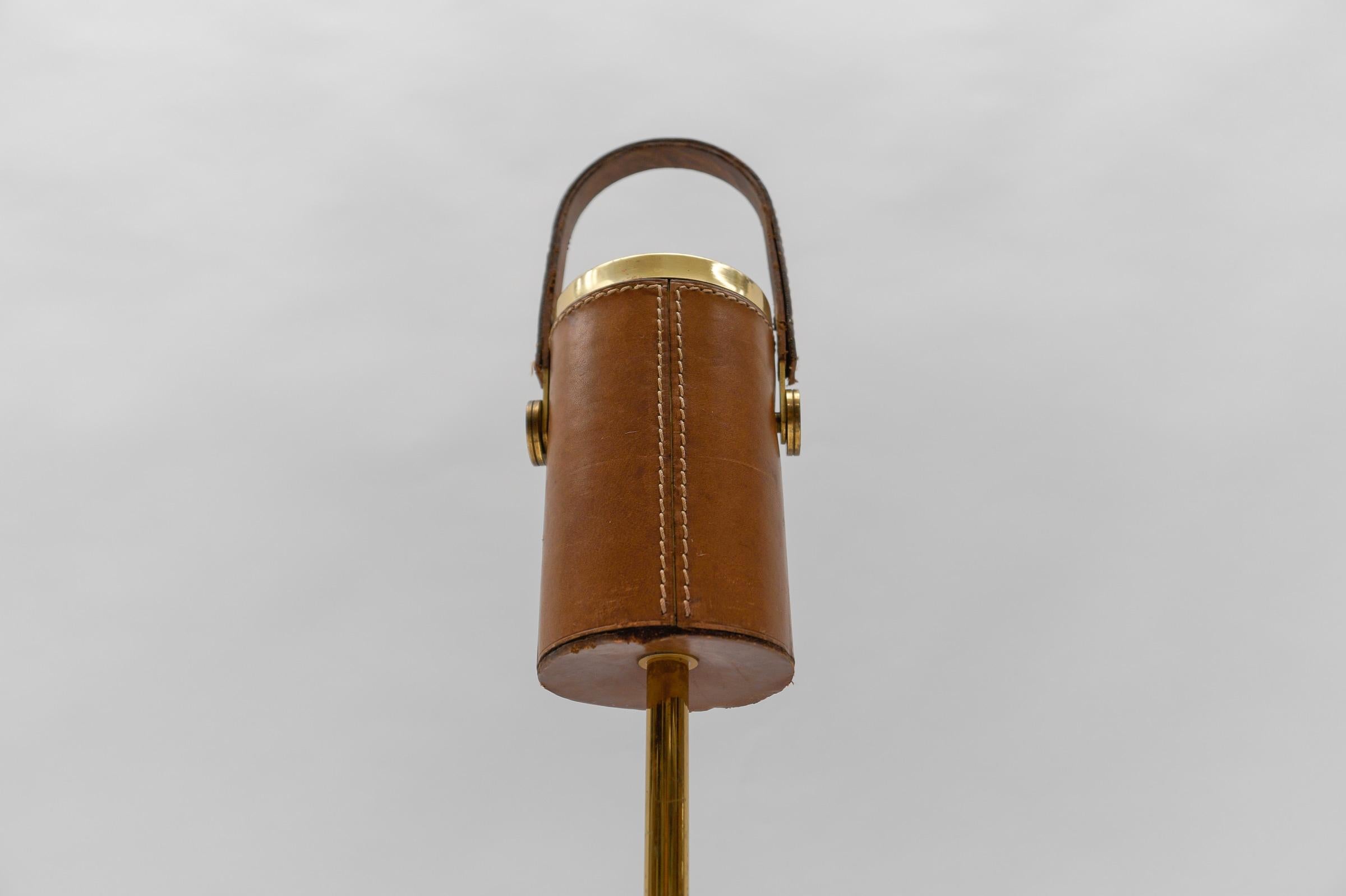 Mid-Century Modern Portable Ashtray Stand in the Manner of Jacques Adnet, Brass and Leather, 1950s For Sale