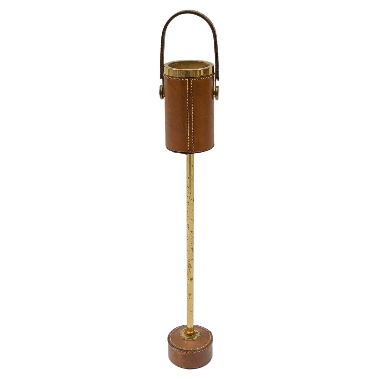 Portable Ashtray Stand in the Manner of Jacques Adnet, Brass and Leather, 1950s For Sale