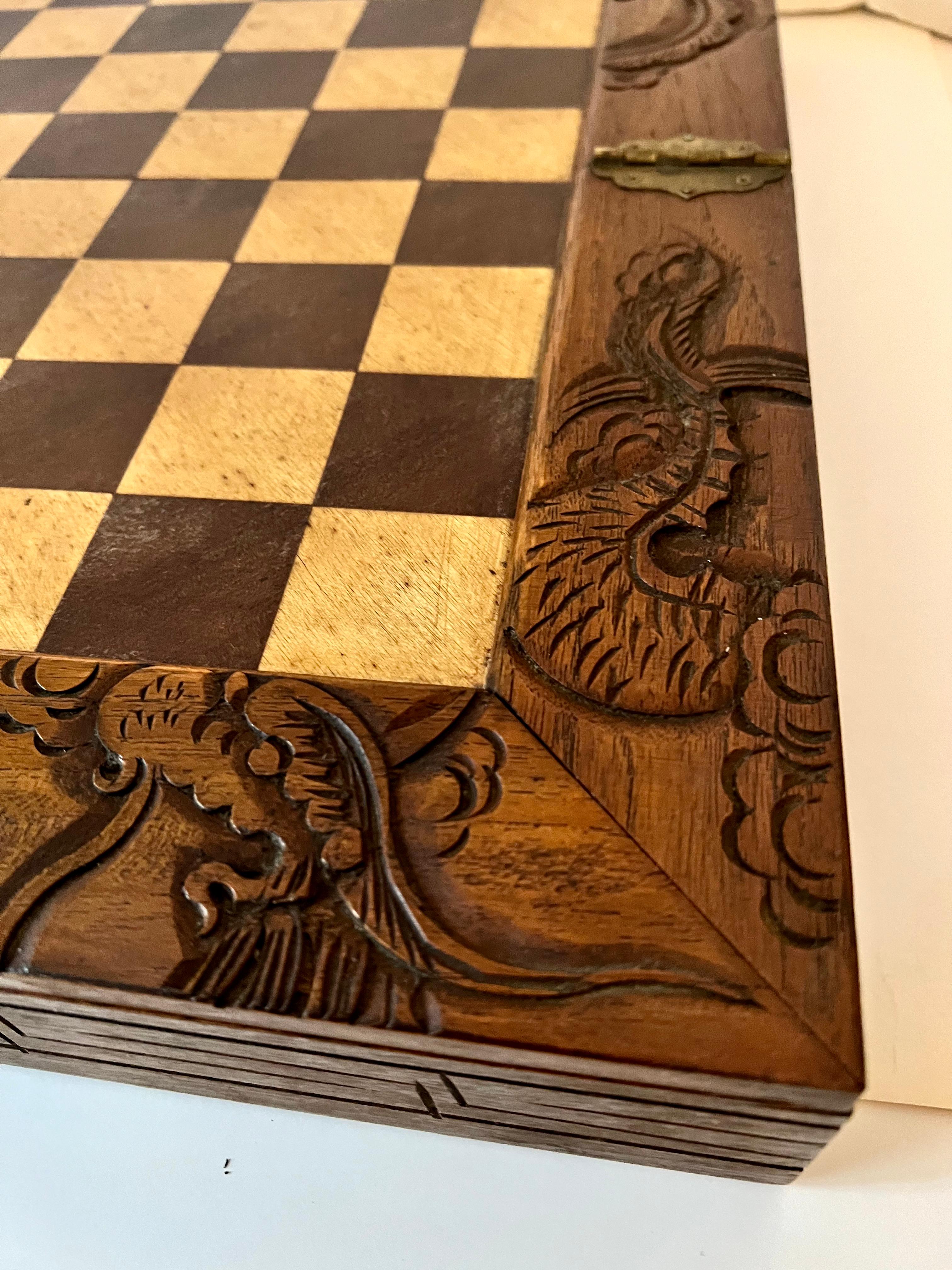 Hand-Carved Portable Chess and Checker Board with Pullout Storage Drawers For Sale