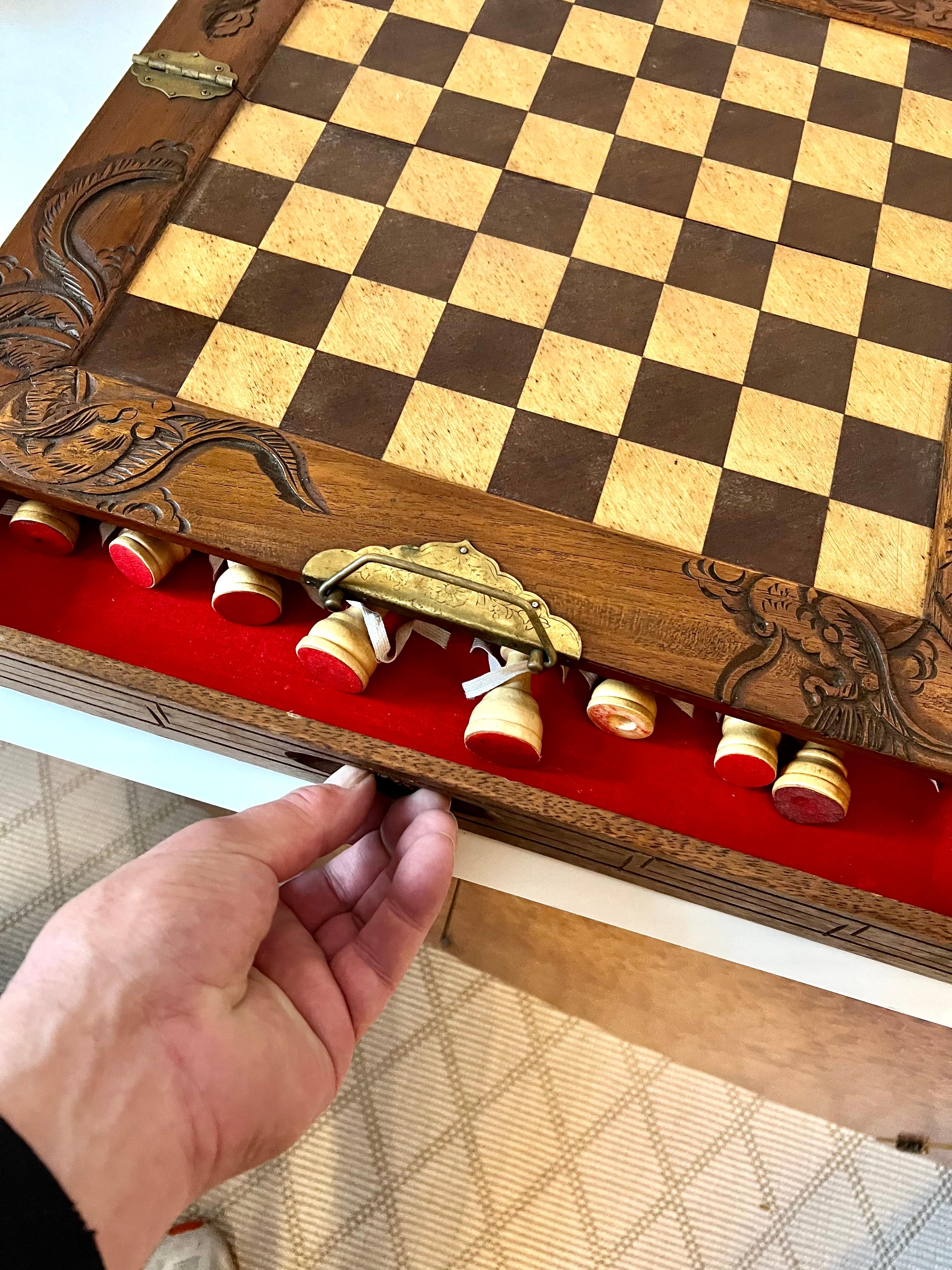 Portable Chess and Checker Board with Pullout Storage Drawers For Sale 1