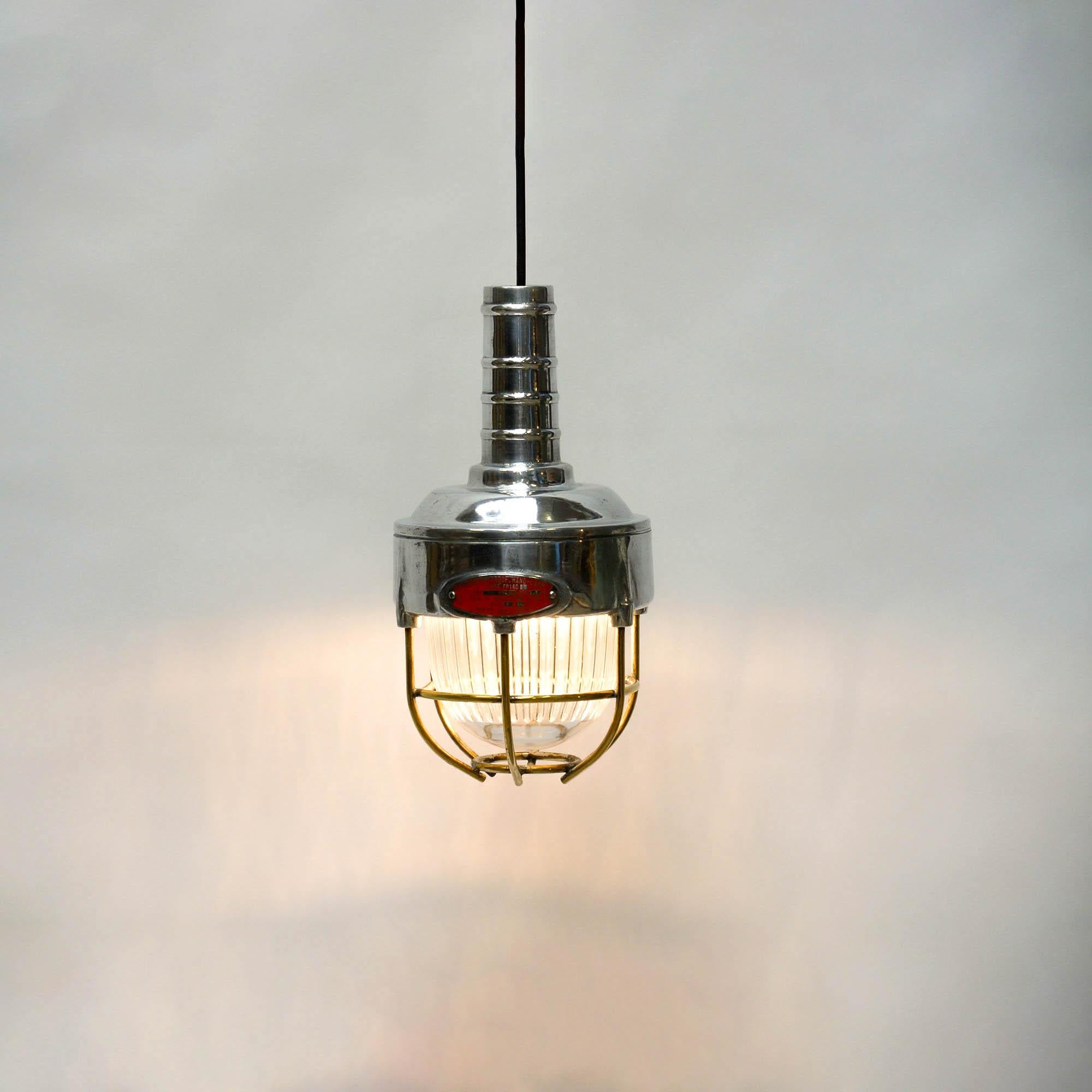 Industrial Portable Lamp, Glass with Large Ridges, Fence in Brass, circa 80, Japan