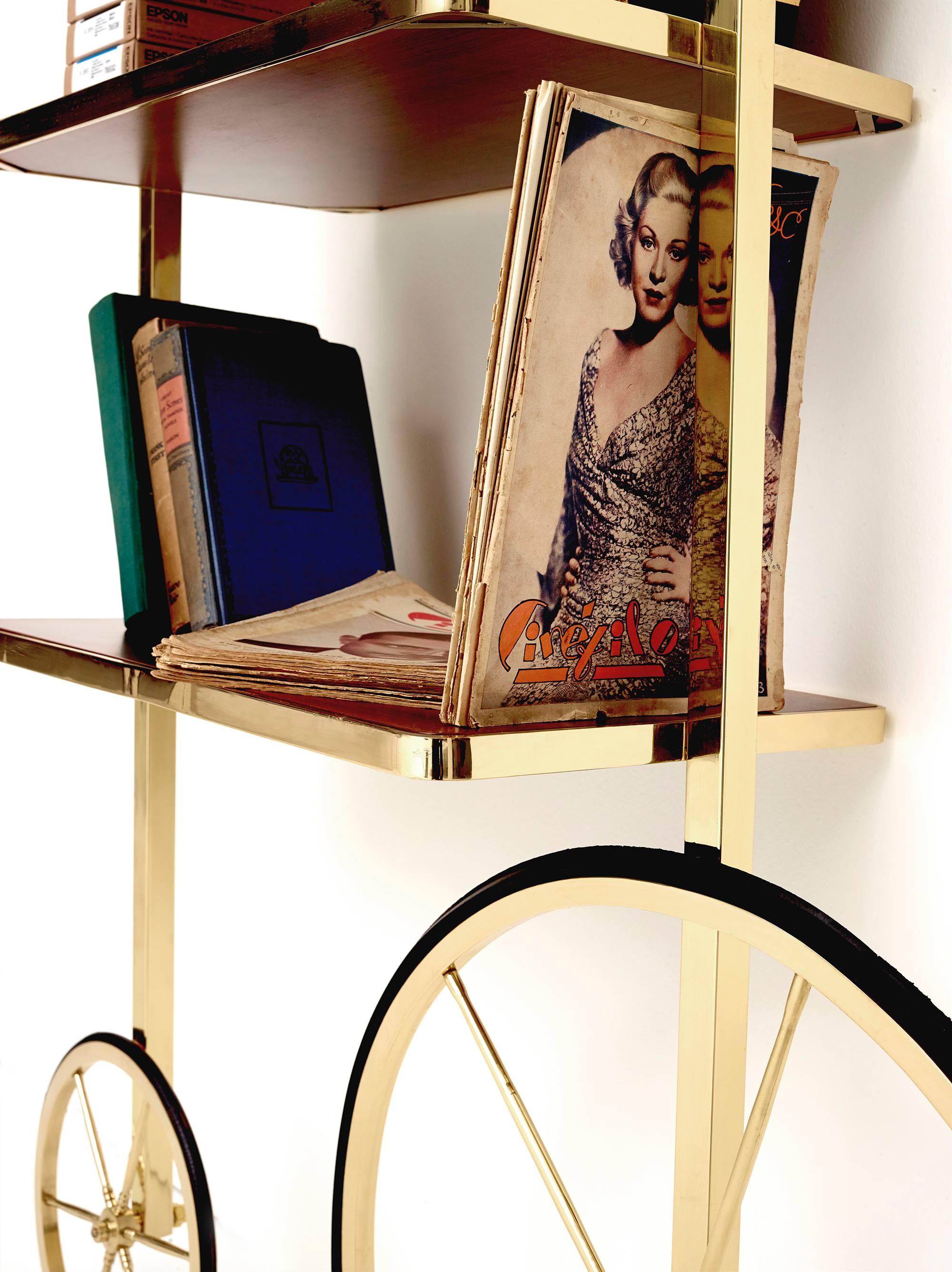 Arts and Crafts Portable Polished Brass and Mahogany Cyclopedia Bookshelf with Wheels For Sale