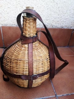 Portable Wine Bottle Cooler, Glass, Wicker and Leather, Spain Early 20th Century