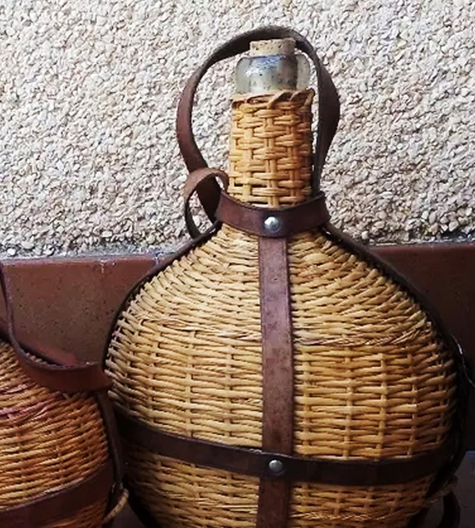 Rustic Portable Wine Bottle Cooler, Glass, Wicker and Leather, Spain Early 20th Century