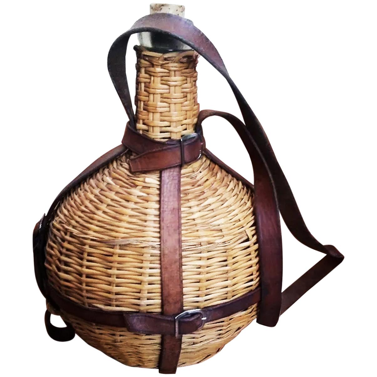 Portable Wine Bottle Cooler, Glass, Wicker and Leather, Spain Early 20th Century