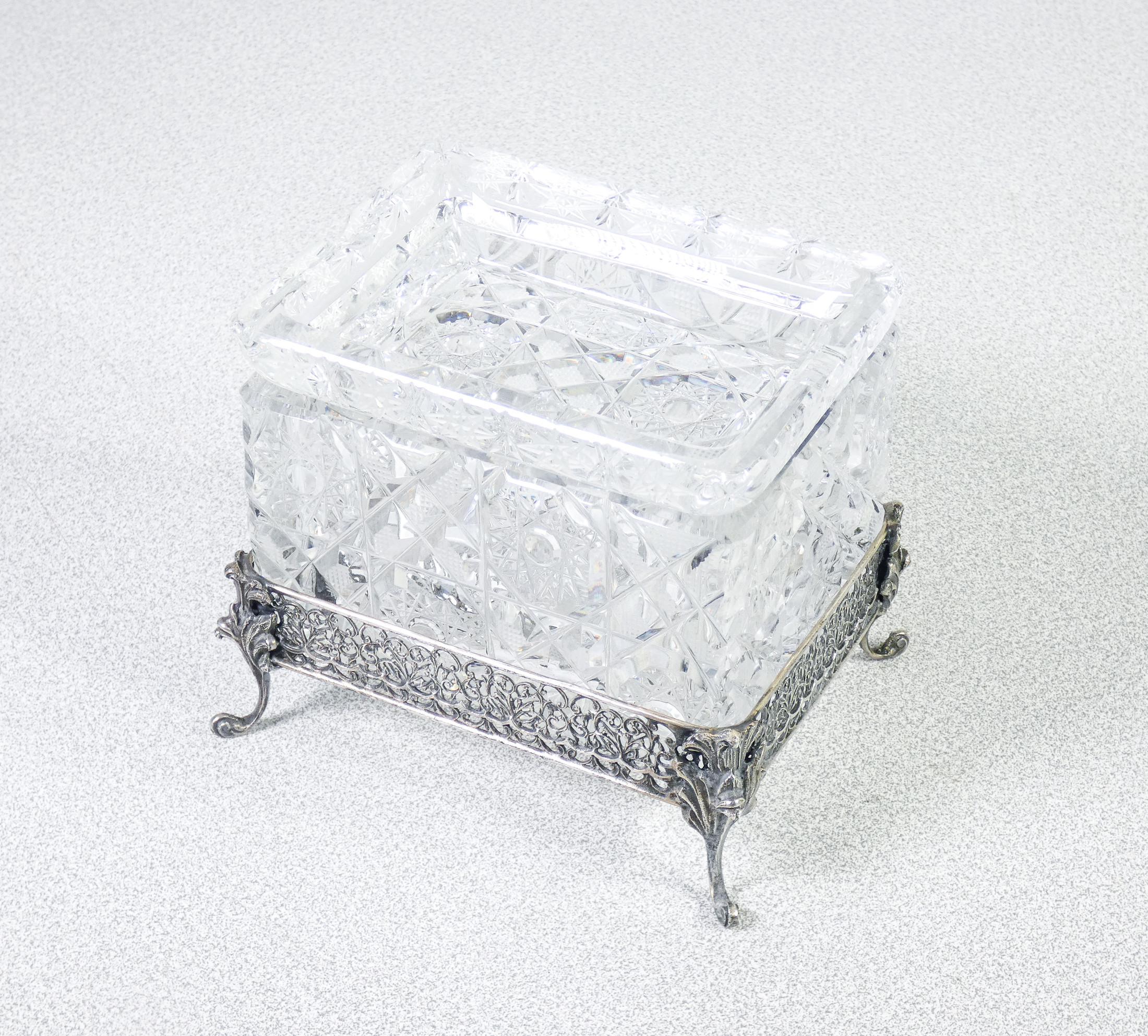 Italian 800 silver and crystal ashtray and cigarette case. Italy, Mid-20th Century For Sale