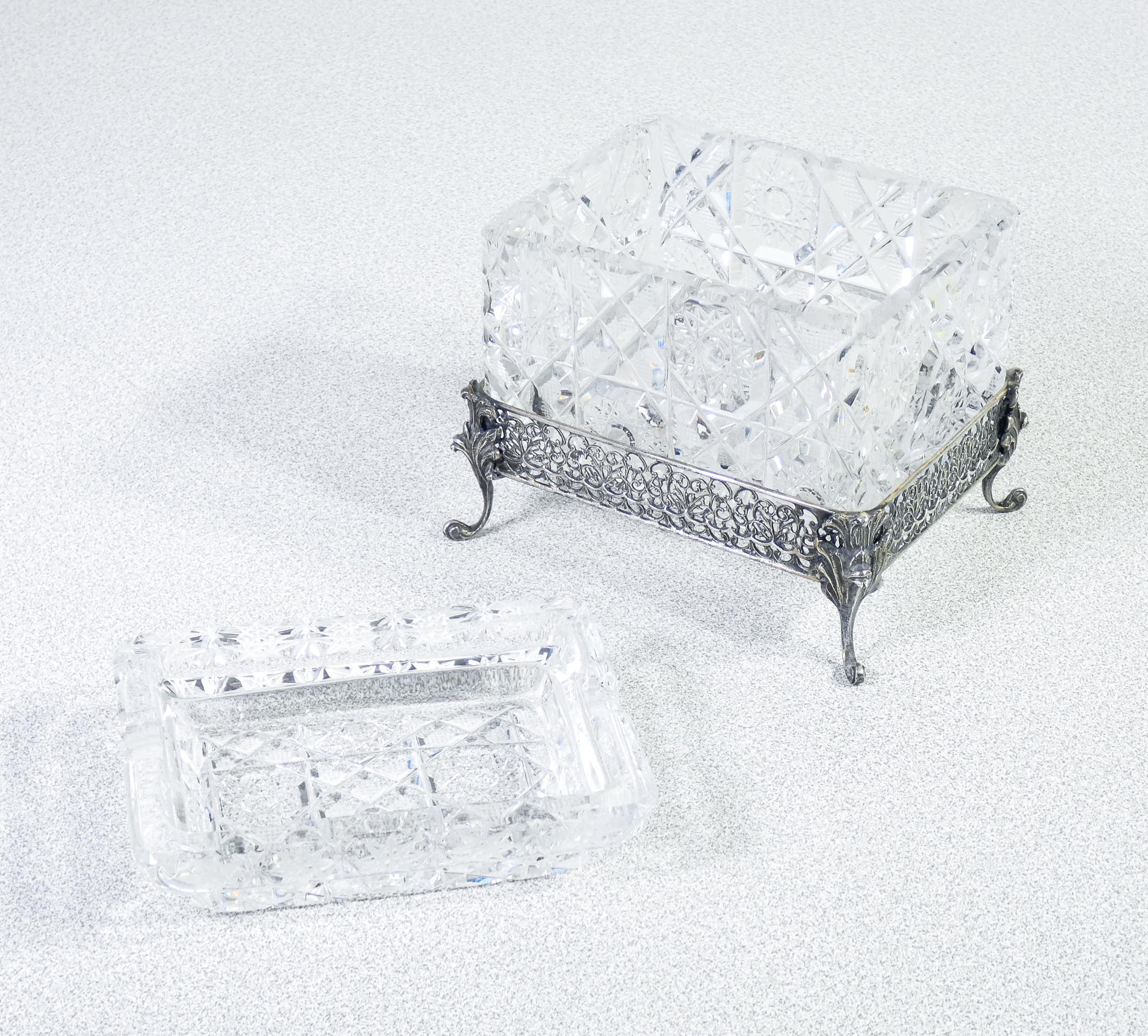 Silver 800 silver and crystal ashtray and cigarette case. Italy, Mid-20th Century For Sale