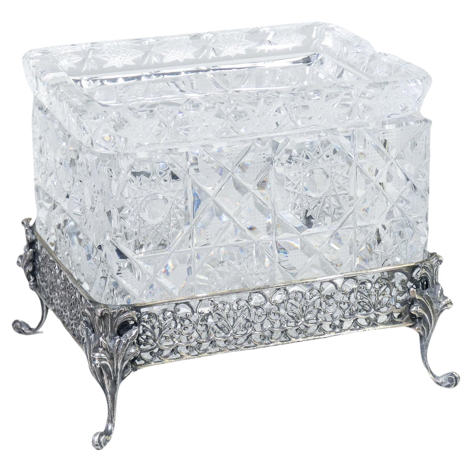 800 silver and crystal ashtray and cigarette case. Italy, Mid-20th Century For Sale