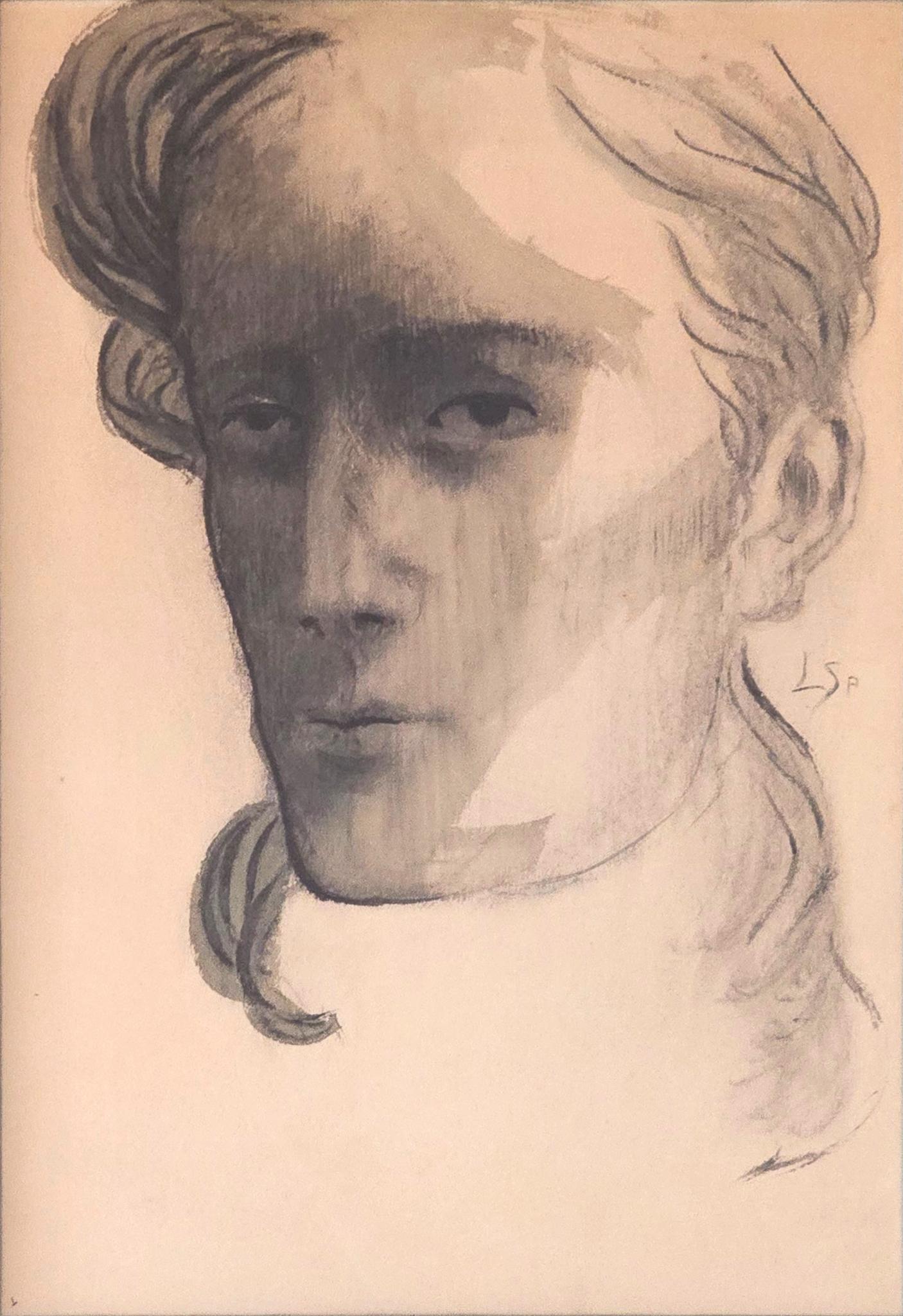 Léon Spilliaert (1881-1946)
Portrait d'un jeune homme - 1901.
Crayon, encre de Chine, pinceau, lavis, aquarelle (bleu-vert), crayon de couleur (bleu) sur papier. 311x196 mm 
Initiales à droite à mi-hauteur : LSP (encre de Chine, pinceau) 
Signature