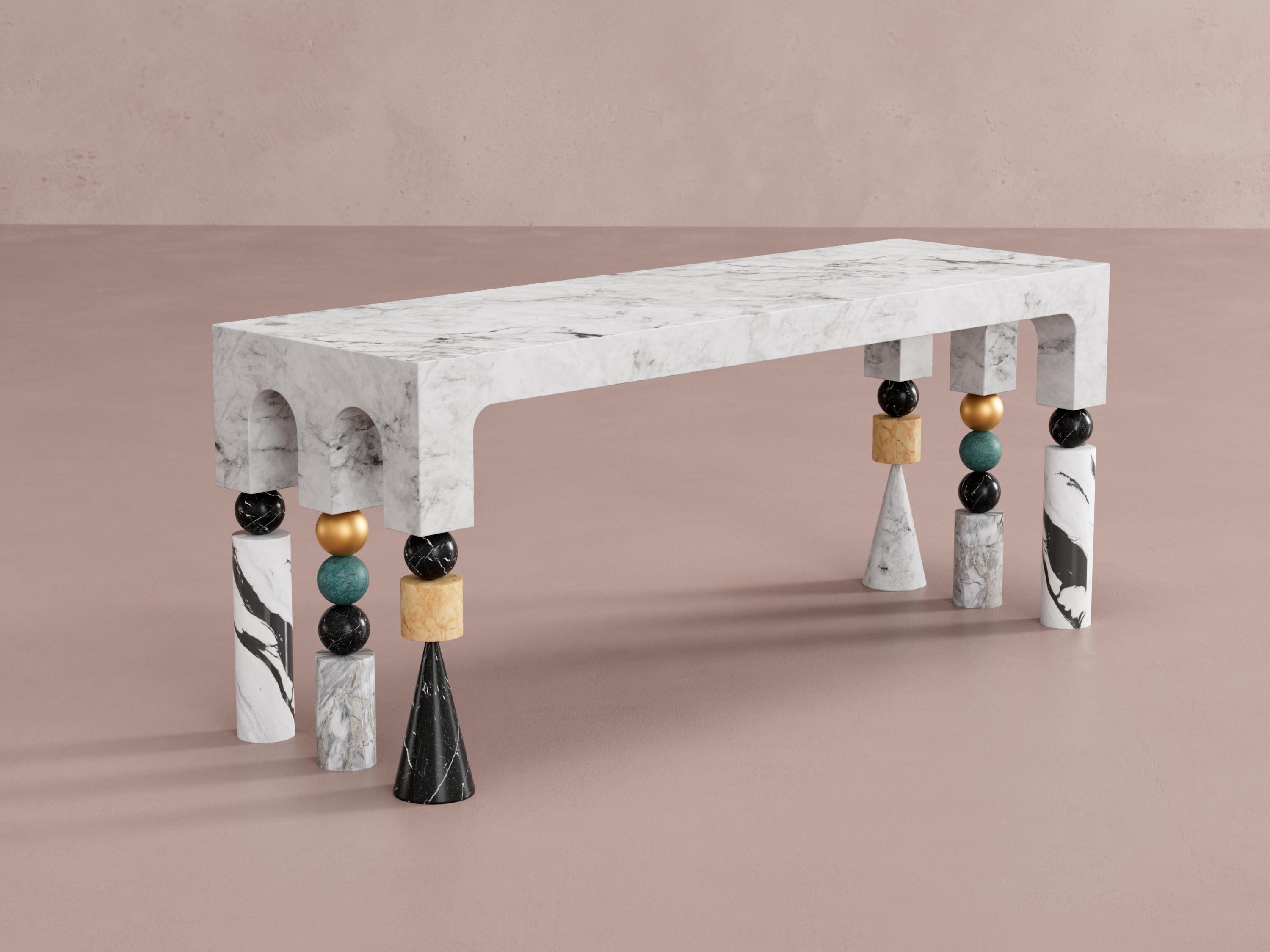 Portal desk by Pilar Zeta
One of a kind.
Materials: Marble, aluminium, brass, onyx.
Dimensions: W 167 x D 60 x H 75 cm.
Weight: 600 kg.

Marble, aluminium & brass white desk. Marble, onyx, brass and metal structure. 

Argentinian-born artist Pilar